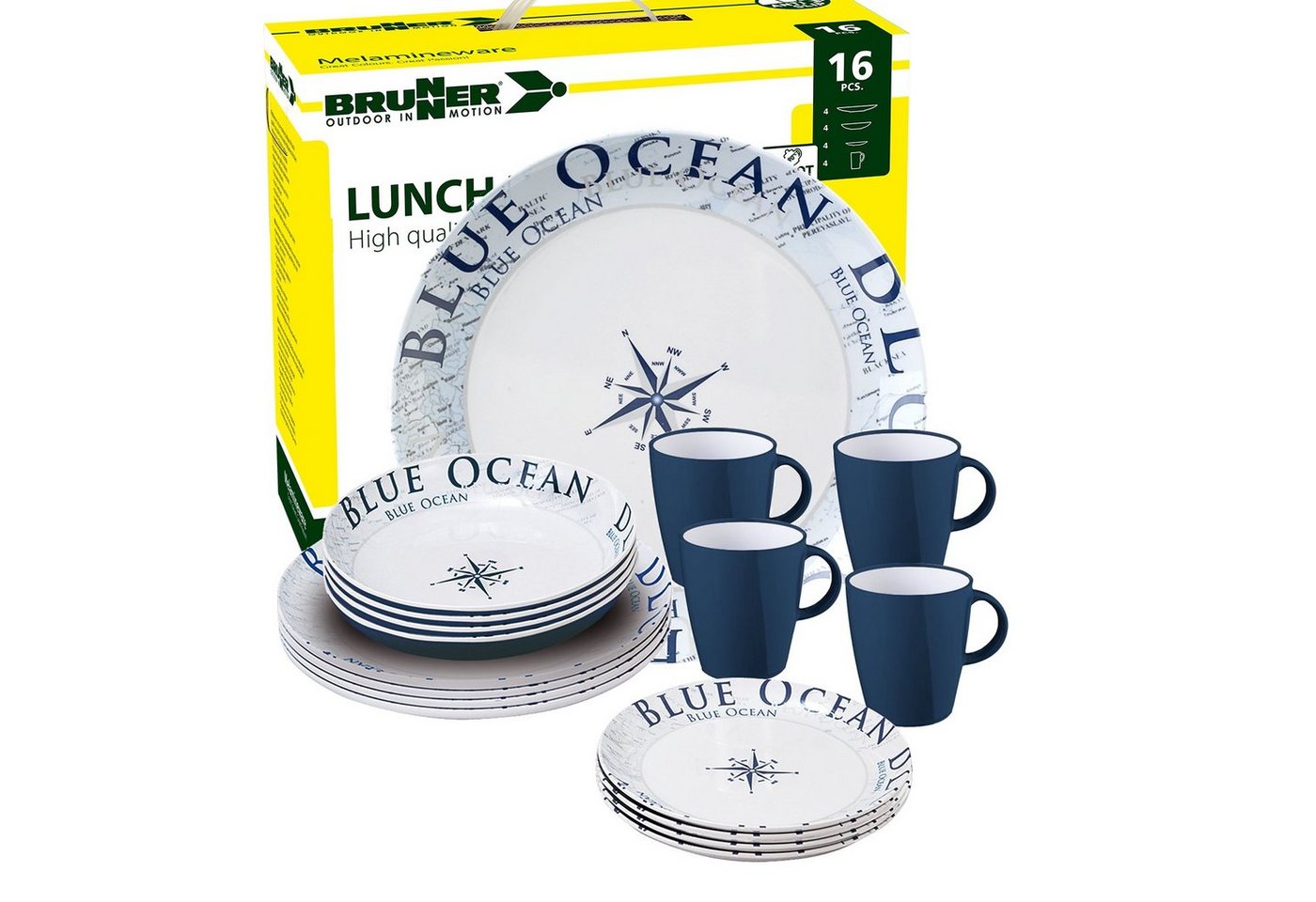 BRUNNER Geschirr-Set BRUNNER Melamin Campinggeschirr Set BLUE OCEAN (8, 12, 16, 36-Teile) (16-tlg)