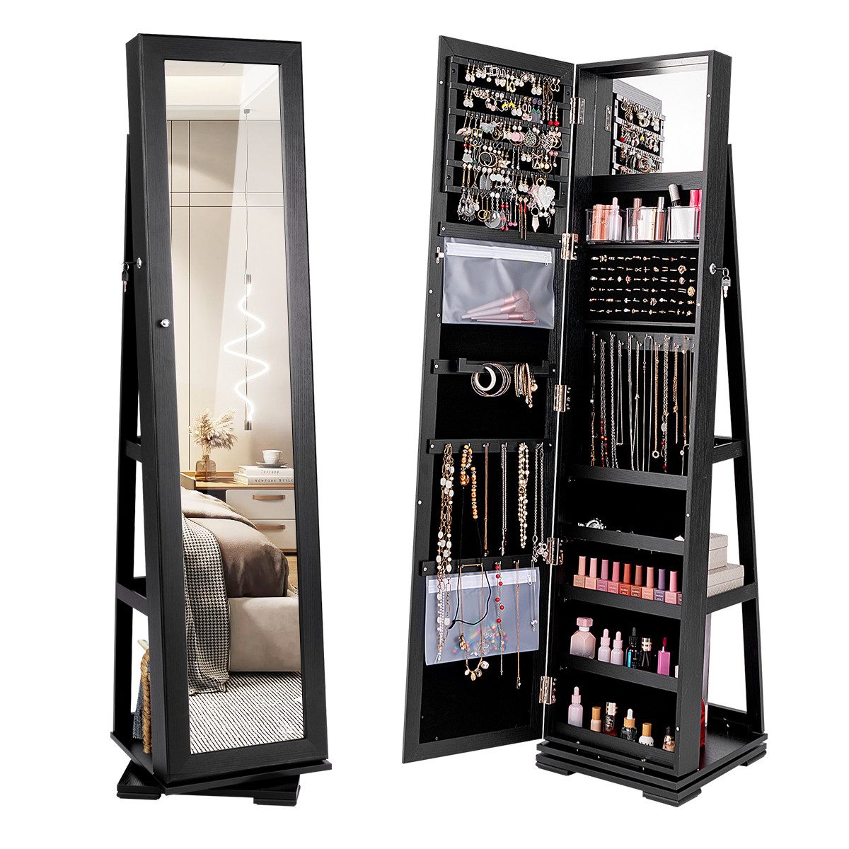COSTWAY Schmuckschrank stehend, mit Spiegel & Regal, drehbar, abschließbar günstig online kaufen
