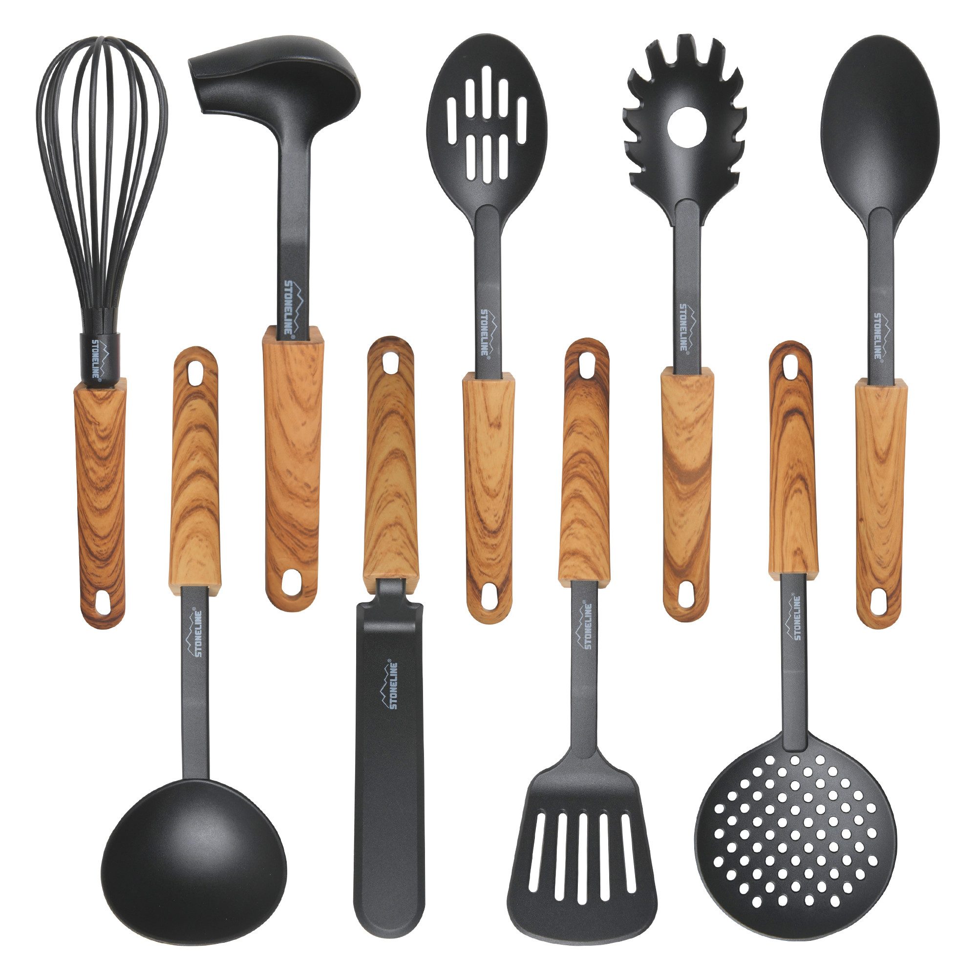 STONELINE Kochbesteck-Set Kochutensilien-Set mit Holzgriff-Design "Back to Nature" (Set, 9-tlg), Perfekt für Antihaft-Pfannen und Töpfe, Design aus Deutschland