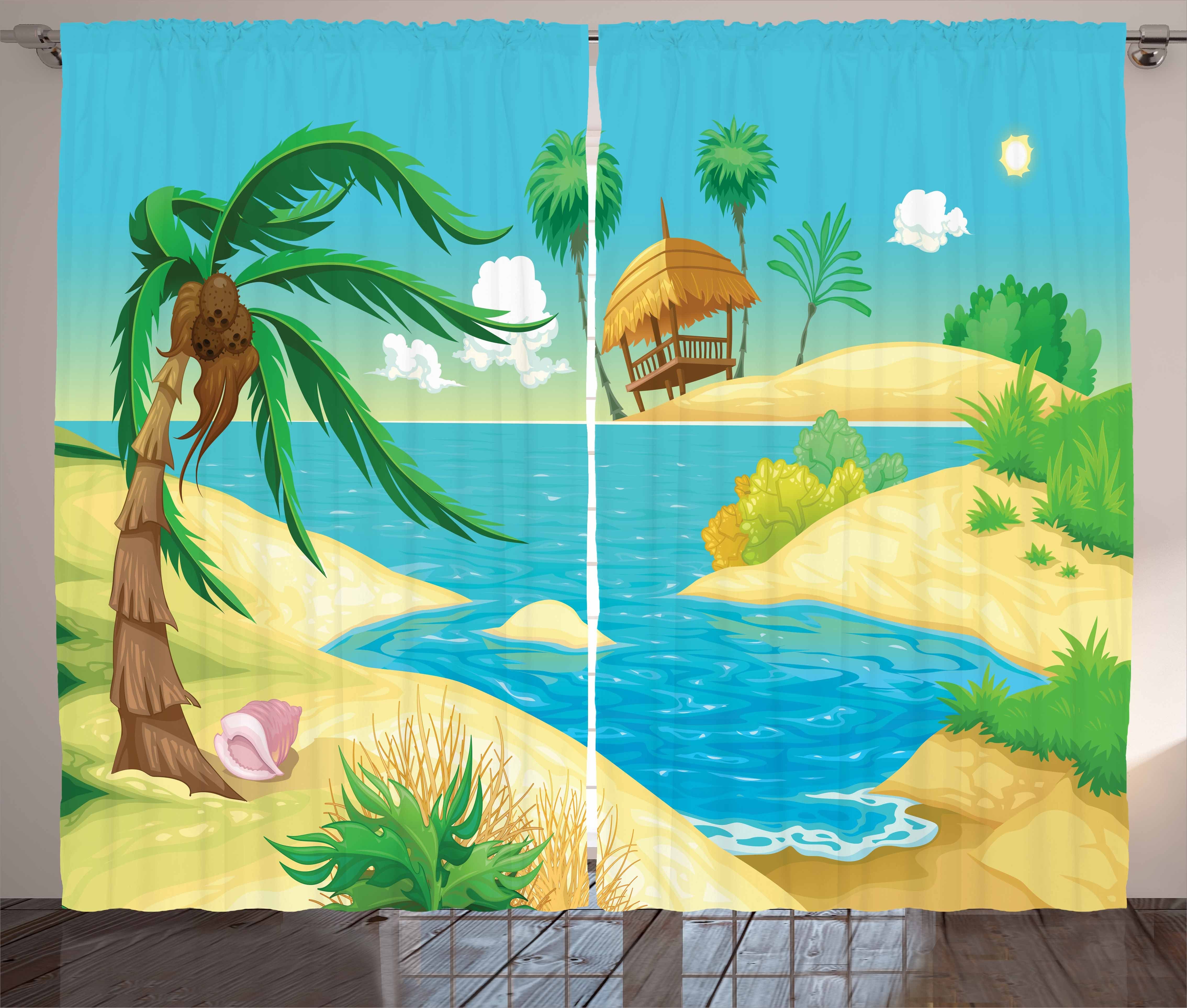 den Blick Abakuhaus, Tropisch Vorhang und mit Schlafzimmer Schlaufen auf Kräuselband Gardine Strand-Cartoon-Entwurf Haken,