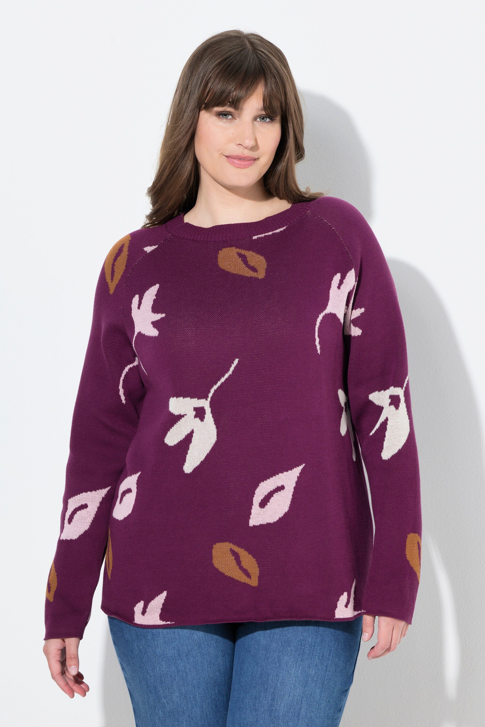 Ulla Popken Strickpullover Pullover Blätter U-Boot-Ausschnitt Langarm günstig online kaufen