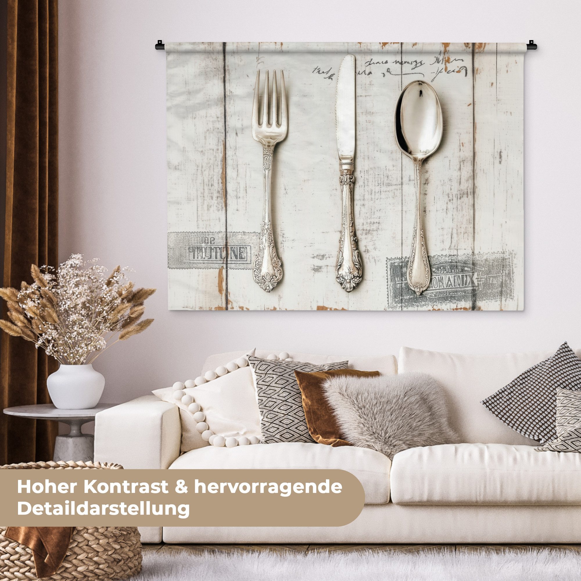 MuchoWow Wandteppich Silber - Besteck - Holz, Rechteckig, Höhe: 3 mm, Wanddeko Teppich Wohnzimmer, Schlafzimmer, 120x90 cm