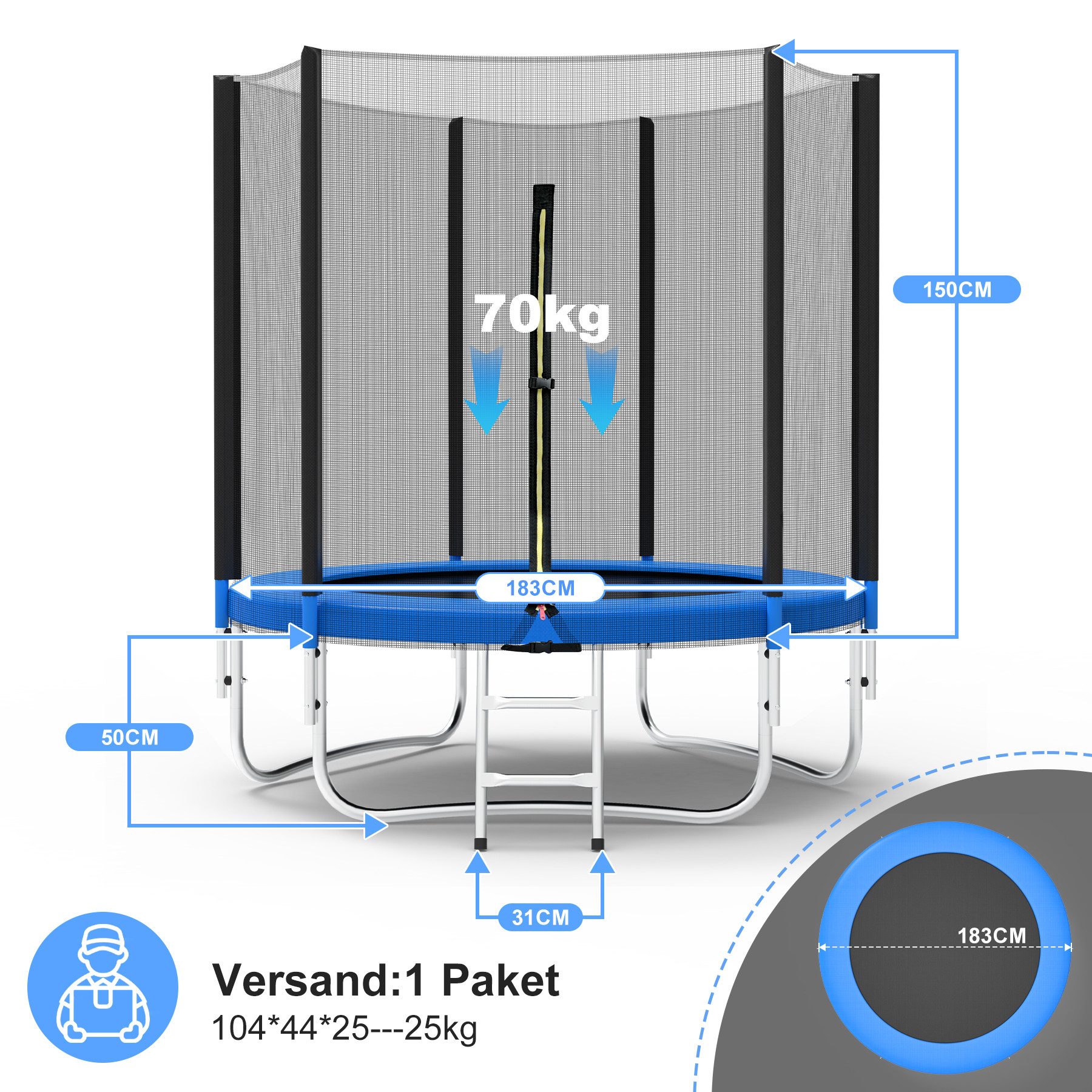 HomeMiYN Gartentrampolin Garten Trampolin mit Sicherheitsnetz – Outdoor Kinder Trampolin, Schutzrand schwarz,mit sicherheisnetz