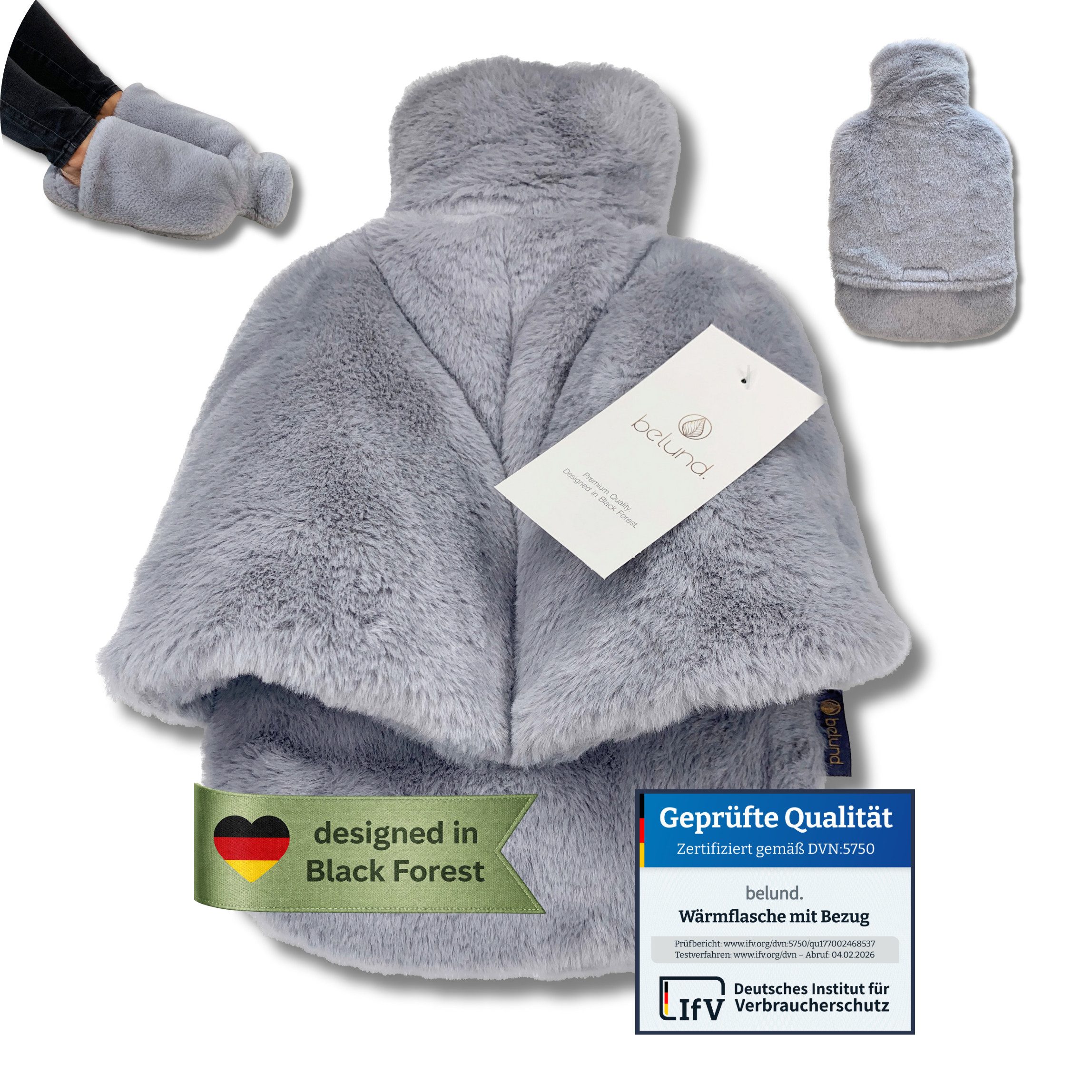 belund. Wärmflasche Premium Fußwärmer mit kuscheligem extra dickem Plüsch-Bezug, 2 in 1, 2 in 1- Wärmflasche und Fußwärmer, Bezug waschbar auf 30 Grad