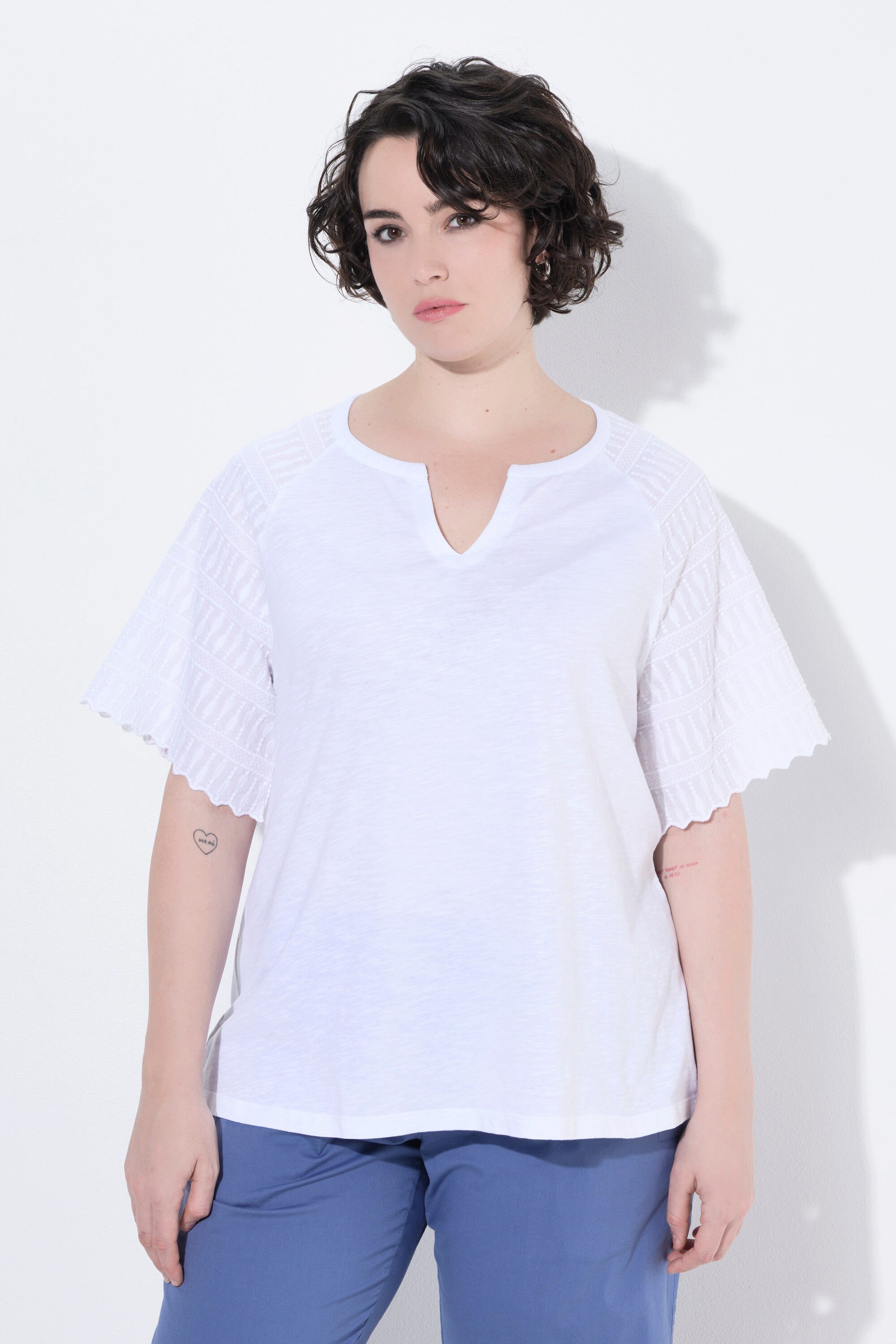 Ulla Popken T-Shirt T-Shirt Stickerei Tunika-Ausschnitt Halbarm