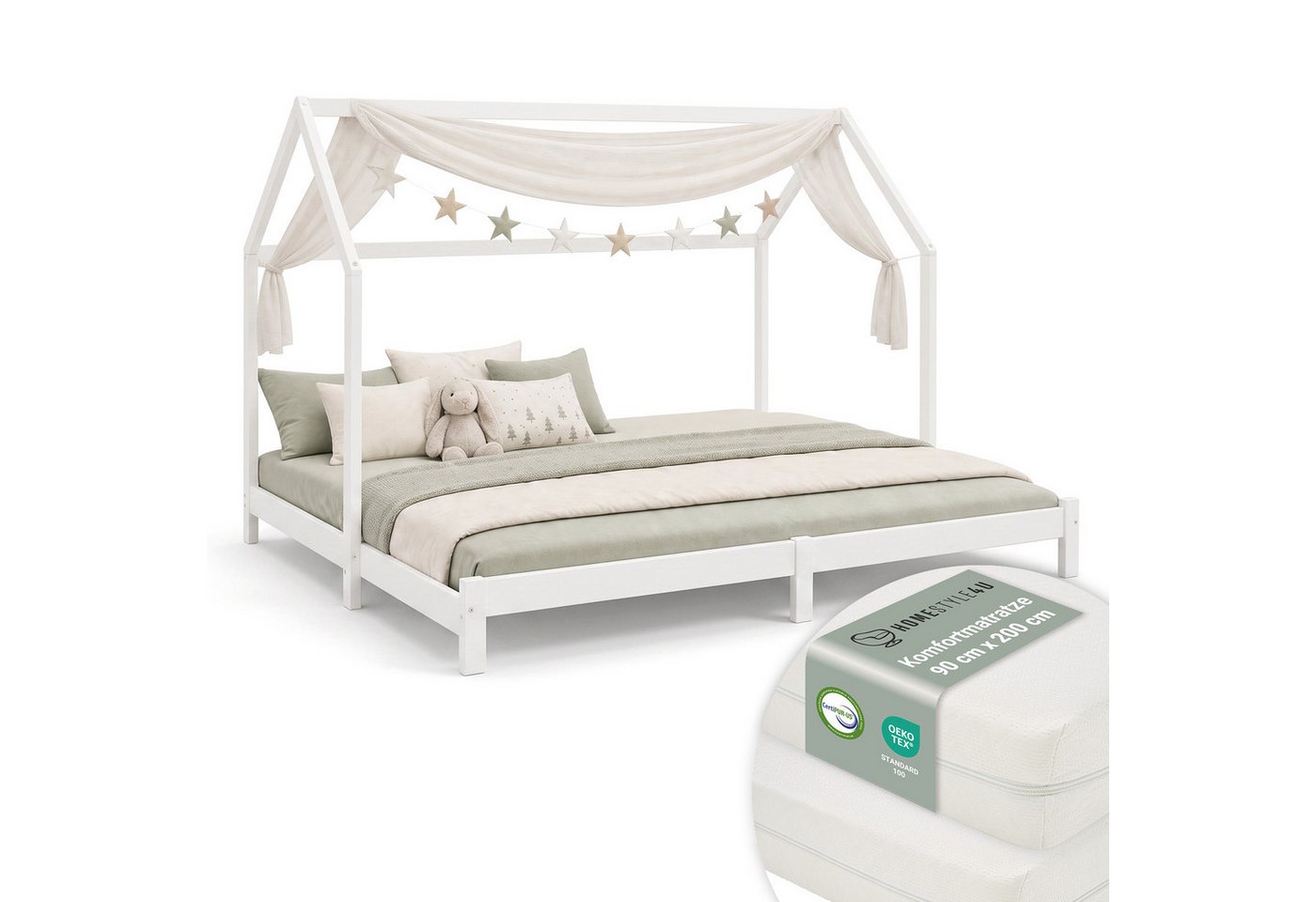 Homestyle4u Kinderbett Familienbett 90x200 187x200 mit / ohne Matratze Hausbett Montessori (Komplett-Set mit 2x Lattenrost, inklusive 2 Matratzen OEKO-TEX® Standard 100), ebene Liegefläche zum Kuscheln, Stillen und gemeinsamen Einschlafen