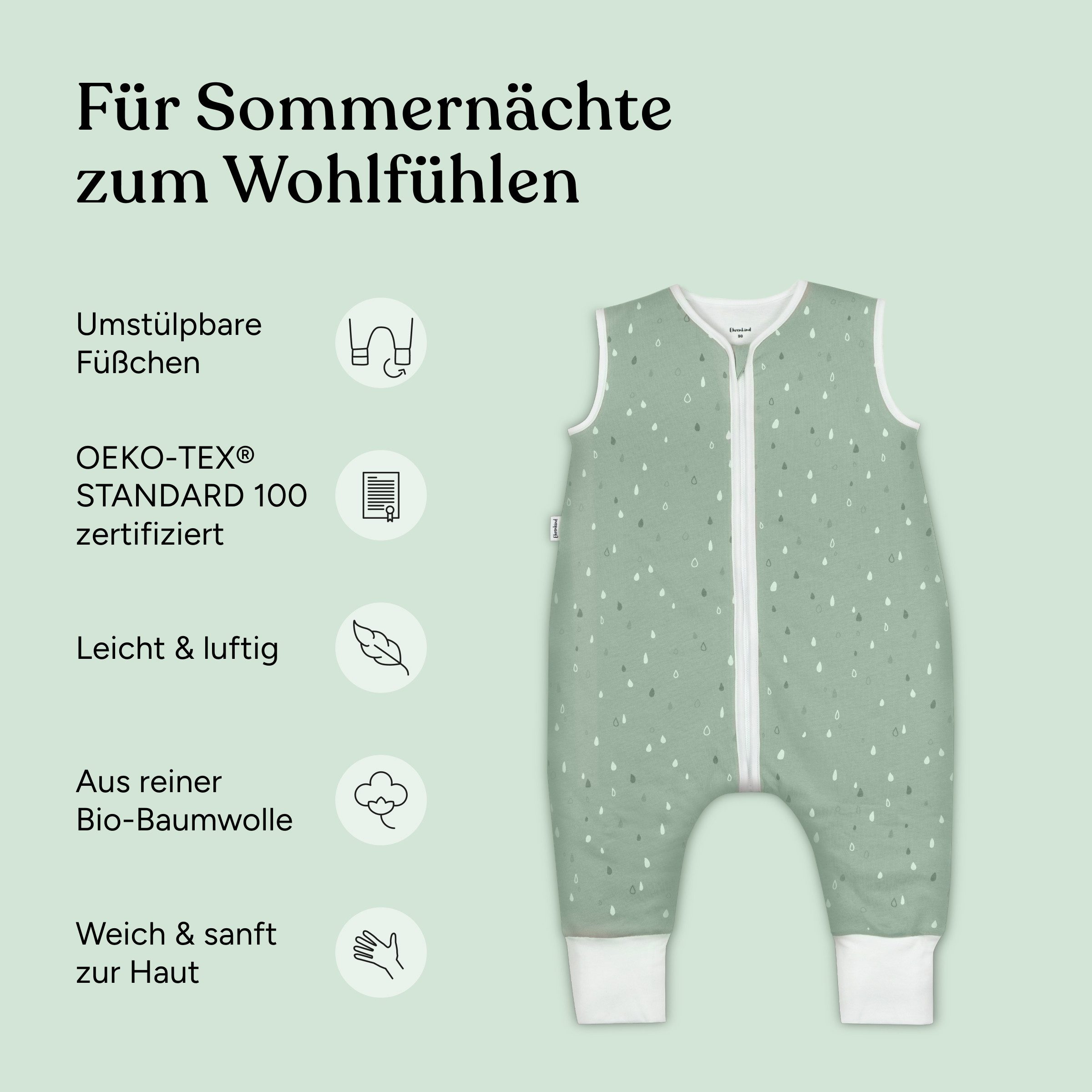 Ehrenkind Babyschlafsack Sommer Schlafsack mit Füßen, Bio-Baumwolle, 1 TOG (Standard by OEKO-TEX, 100% Bio-Baumwolle, Sommerschlafsack mit Beinen, 1.0 TOG), Schlafsack Baby, Baby Schlafsack