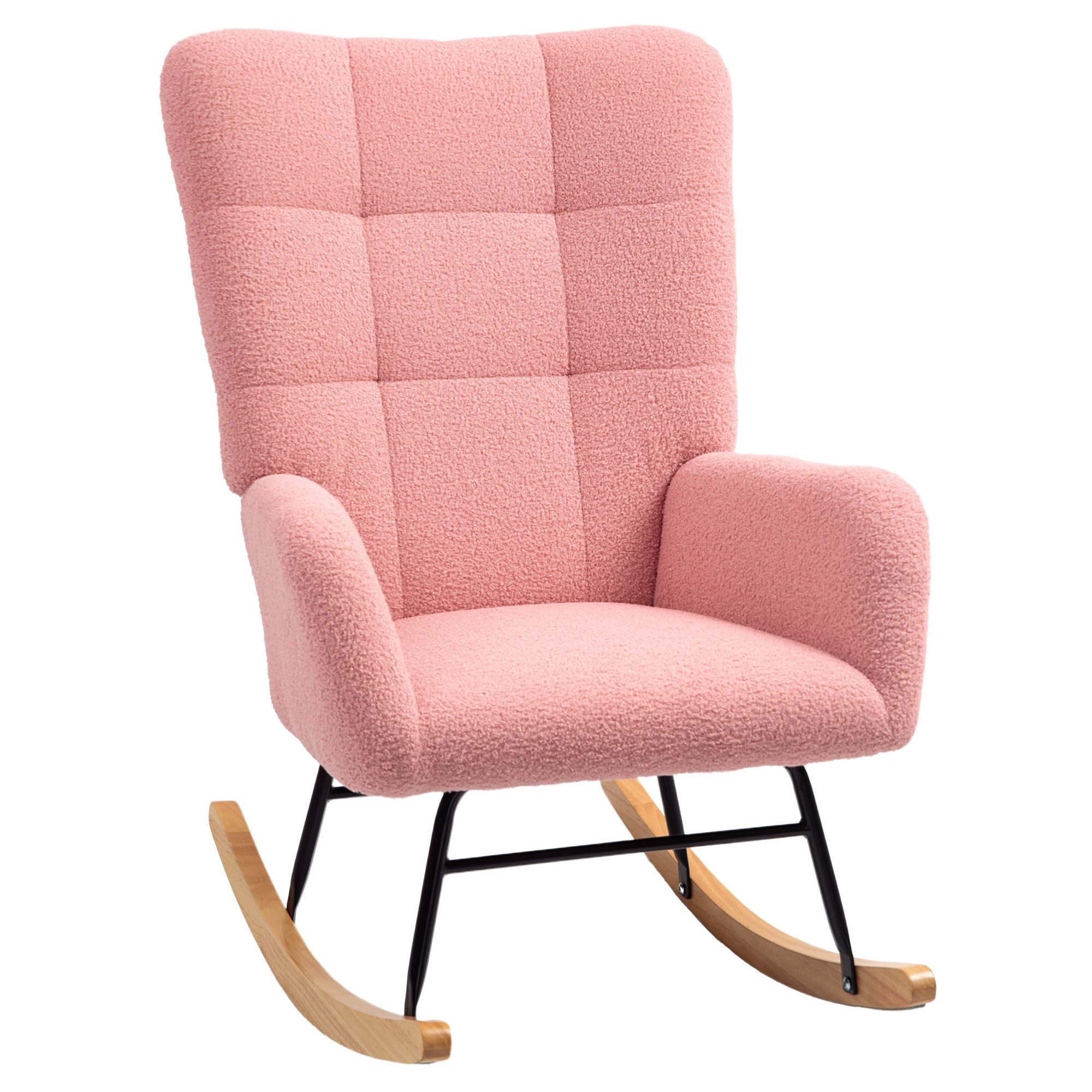 MC Star Schaukelstuhl Schaukelsessel mit Armlehne, Teddysamt-Optik, Relaxsessel (mit Holzkufen, Schwingsessel Stillsessel für Schlafzimmer, Wohnzimmer, Rosa)