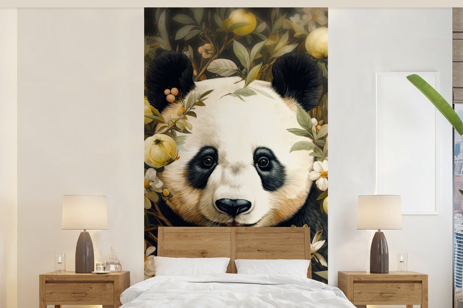 St), Panda Matt, Blumen, Vliestapete (2 Wohnzimmer für Küche, - Fototapete - Schlafzimmer - Pandabär MuchoWow bedruckt, Wildtiere Fototapete