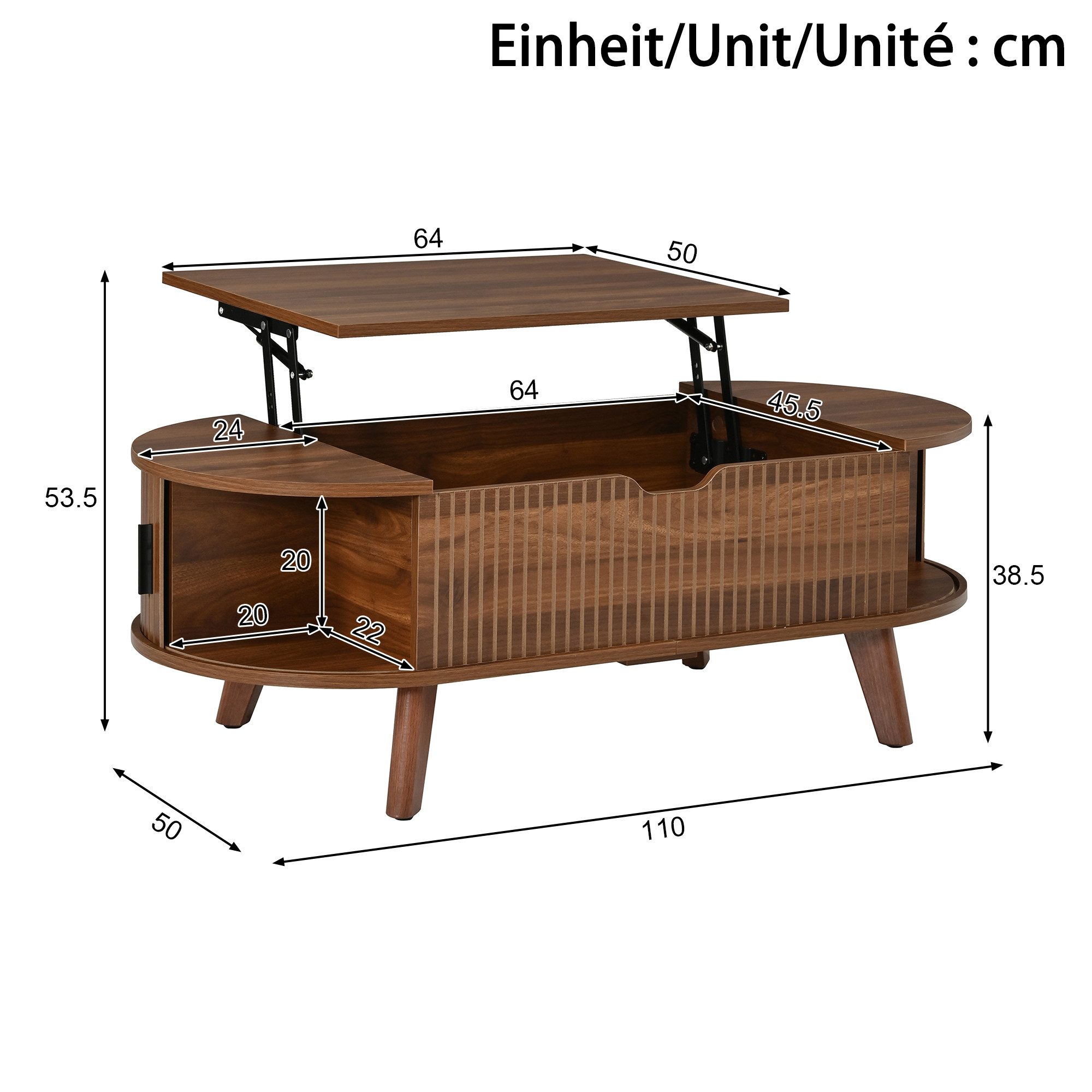Merax Couchtisch ovaler Wohnzimmertisch Beistelltisch mit höhenverstellbarer Hubplatte (1-St., 110 x 50 x 53,5 cm), Sofatisch mit verstecktem Stauraum, 2 Schieb – Bild 4 von 5