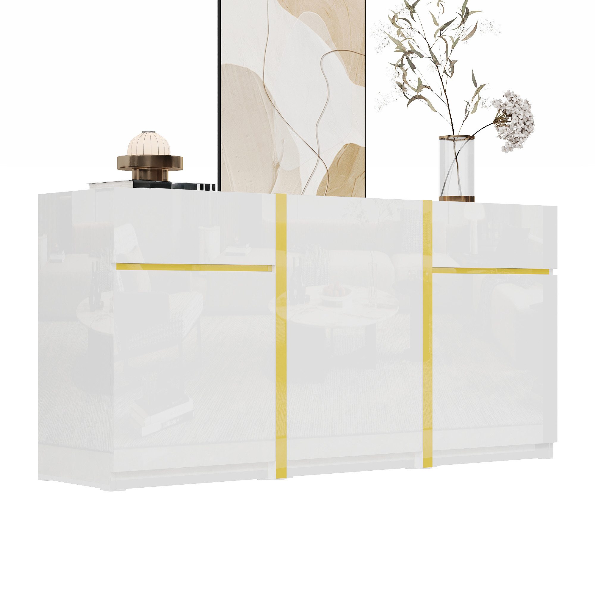 BlingBin Sideboard Hochglanz Kommode, Beistellschrank mit 3 Türen und 2 Schubladen (1er Set, 1 St., 160 L x40 B x 78 H(cm), Gewichtskapazität: 60KG, Weiß), Aufbewahrungsschrank für Wohnzimmer, Esszimmer und Eingangsbereich