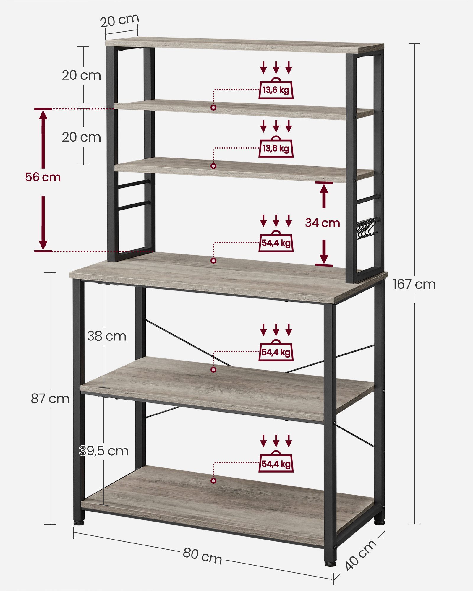 VASAGLE Standregal Küchenregal, Mikrowellen-Regal, 6 Haken, 6 Ablagen, 40 x 80 x 167 cm, Stahlrahmen, Industrie-Design
