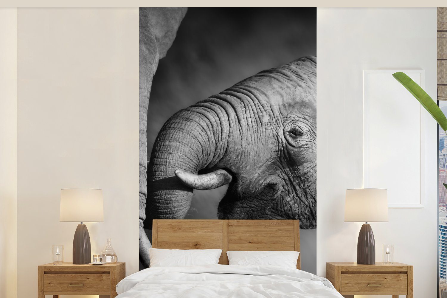 MuchoWow Fototapete Wildtiere - Elefant - Schwarz - Weiß - Porträt, Matt, bedruckt, (2 St), Vliestapete für Wohnzimmer Schlafzimmer Küche, Fototapete