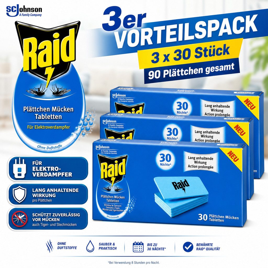 scjohnson Insektenabwehrgerät Raid Mückenplättchen Nachfüllpack 3x30 Stück Vorteilspack, 90-tlg.