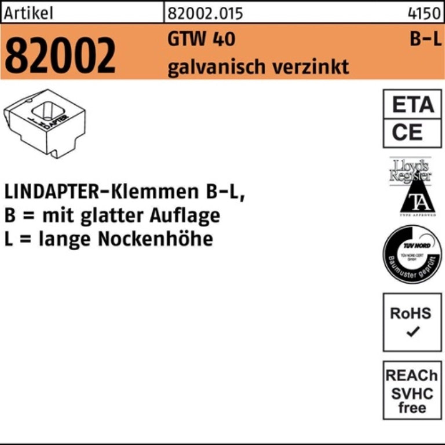 Lindapter Klemmen 100er Pack Klemmen R 82002 GTW 40 LM 12/9,5 galv.verz. 1 Stück LINDAP