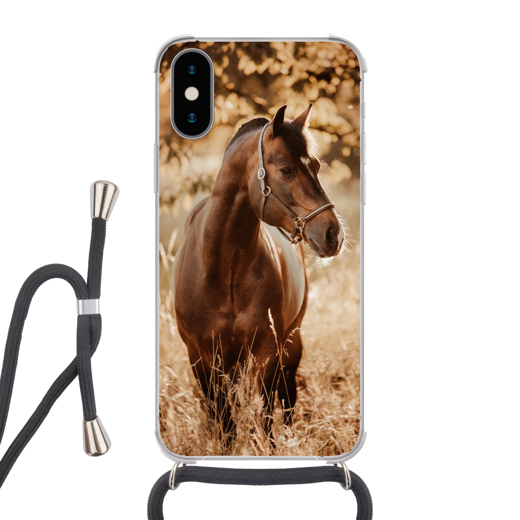 MuchoWow Handyhülle für Apple iPhone XS Pferd - Sonne - Porträt - Natur - Braun, Tragbare Handyhüllen mit Kette zum umhängen, Handykette Handyband