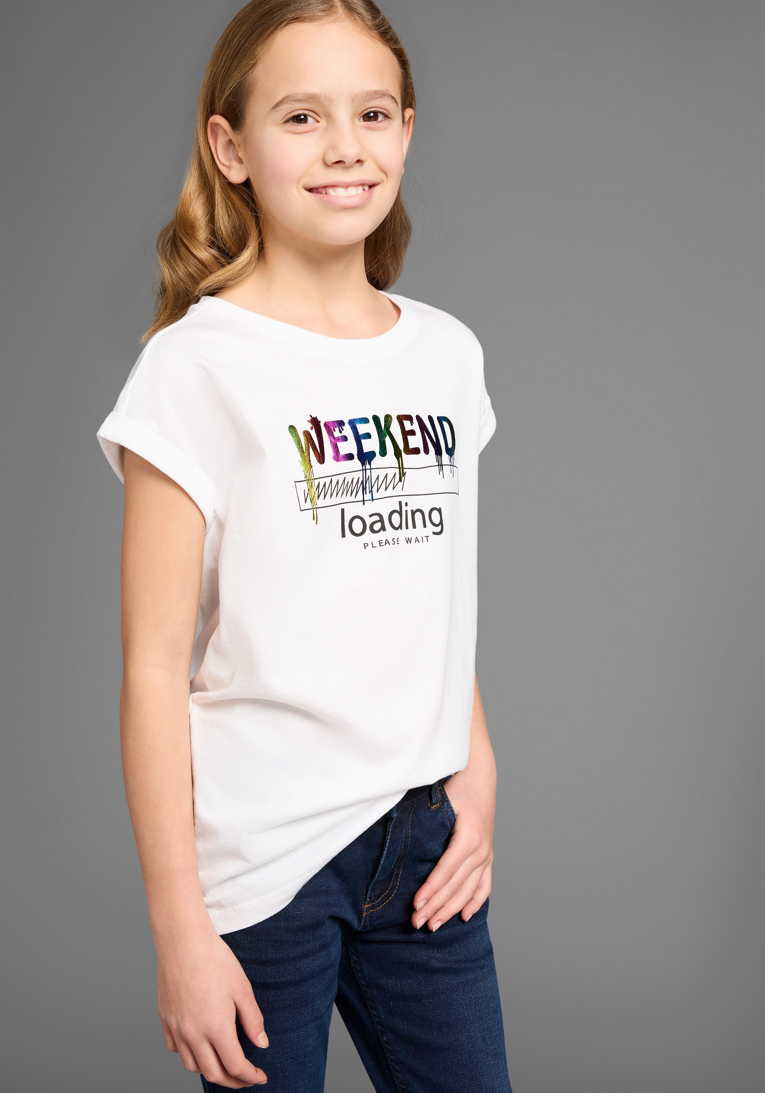 KIDSWORLD T-Shirt WEEKEND loading...please wait Kurzarm, weite Passform, bedruckte Optik, Rundhalsausschnitt