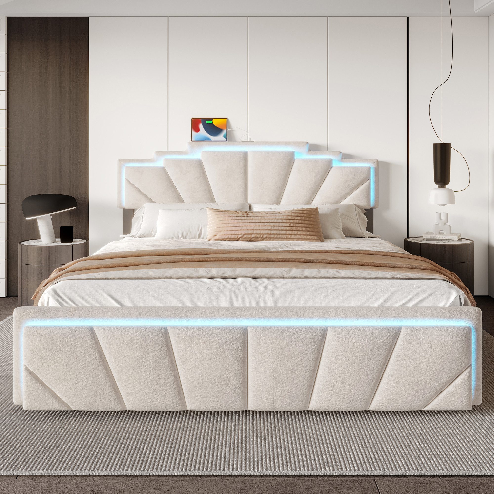 Celya Polsterbett Doppelbett mit einzigartigem trapezförmigem Kopfteil (USB günstig online kaufen