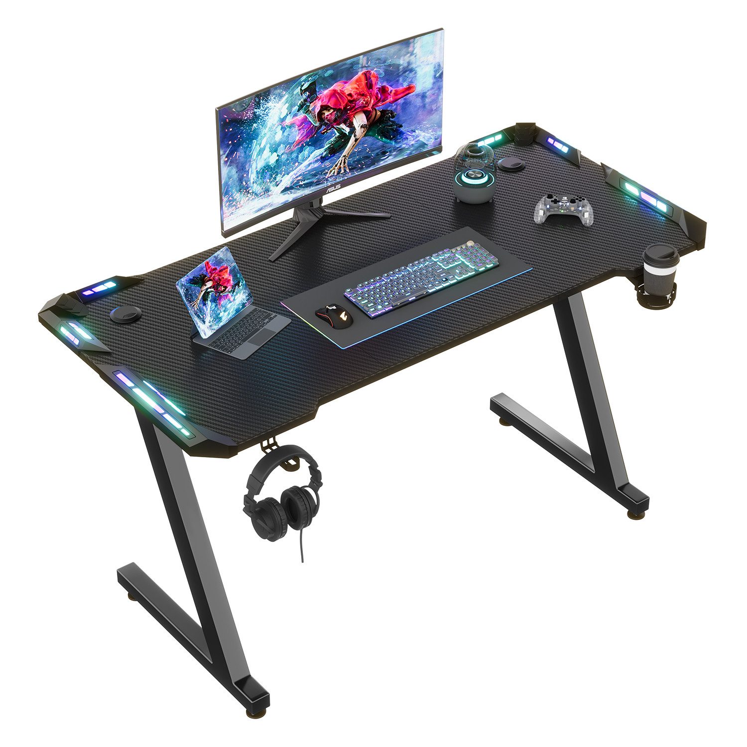 Furnicopia Gamingtisch 120/140/160cm Gaming Schreibtisch mit RGB Computertisch Gamer PC tisch (Schreibtisch mit Becherhalter und Kopfhörerhaken,Z-förmige Tischbeine)