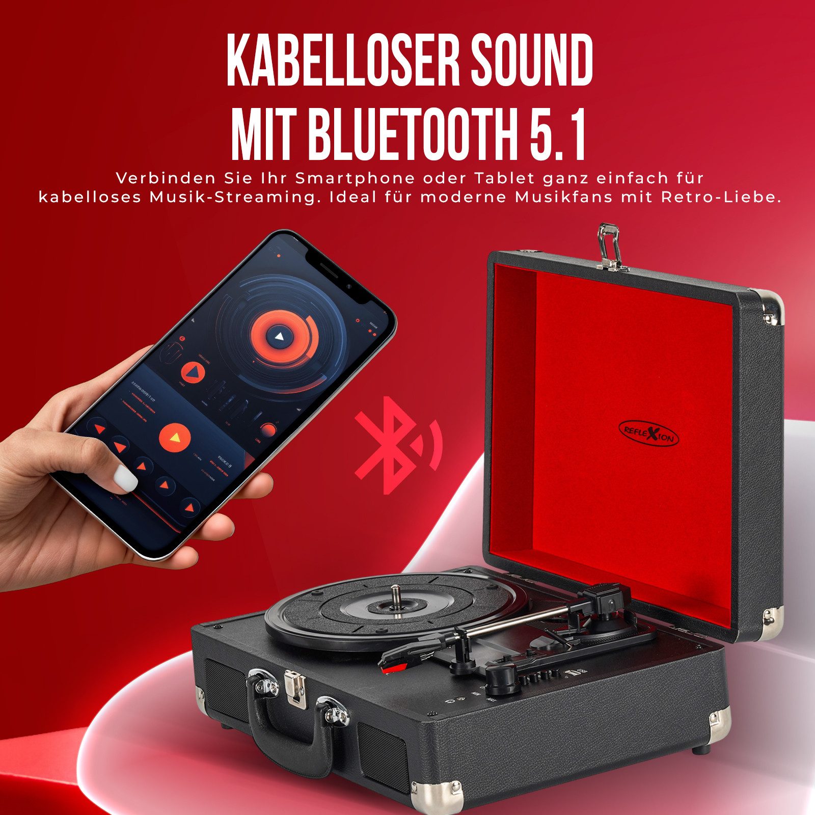 Reflexion HIF1979BT Koffer Plattenspieler Plattenspieler (Riemenantrieb, Bluetooth, AUX-IN, Bluetooth, USB, Cinch-Ausgang, Kopfhörer-Buchse)