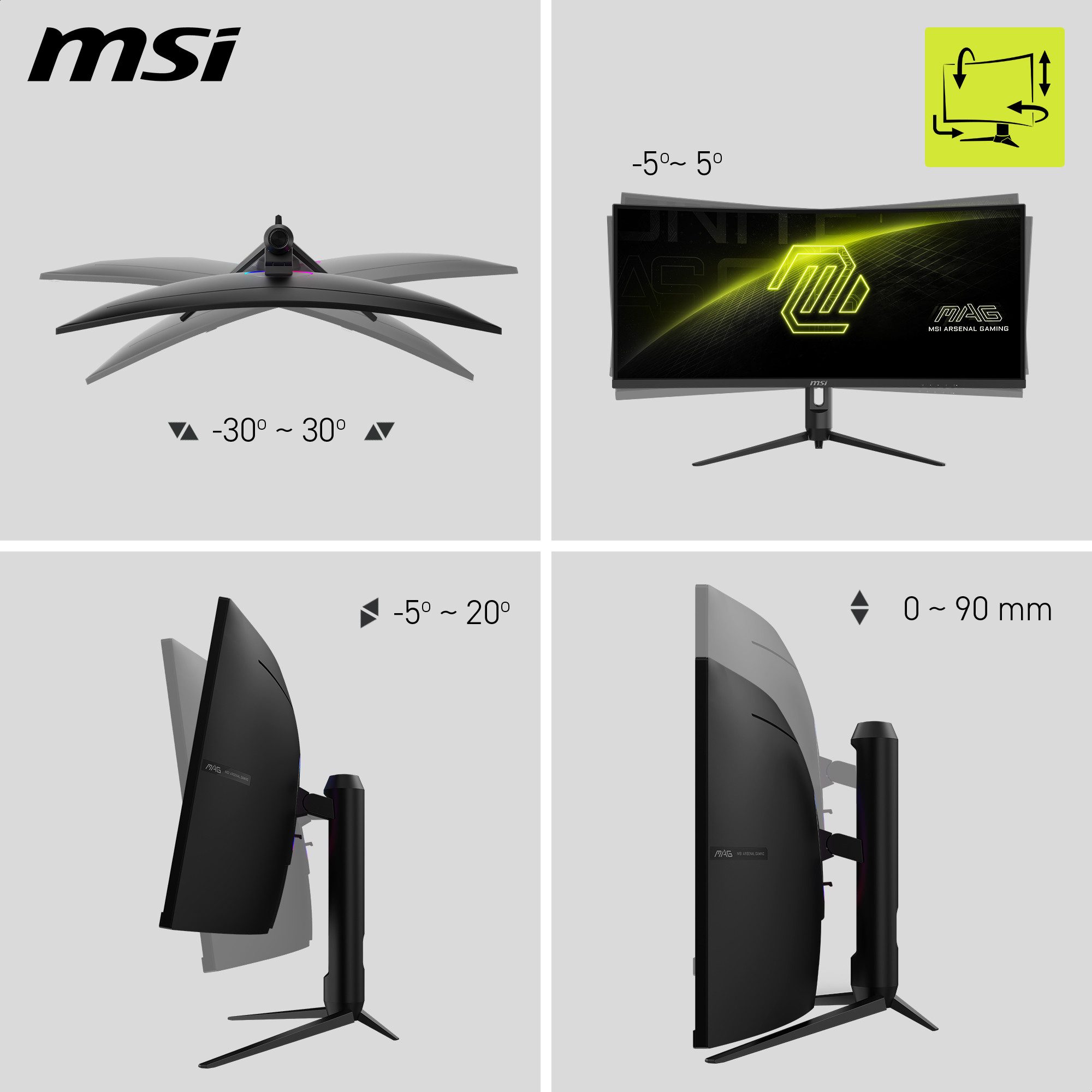MSI MAG 342CQR Curved-Gaming-Monitor (86 cm/34 ", 3440 x 1440 px, UWQHD, 1 ms Reaktionszeit, 180 Hz, VA LED, 3 Jahre Herstellergarantie, höhenverstellbar)