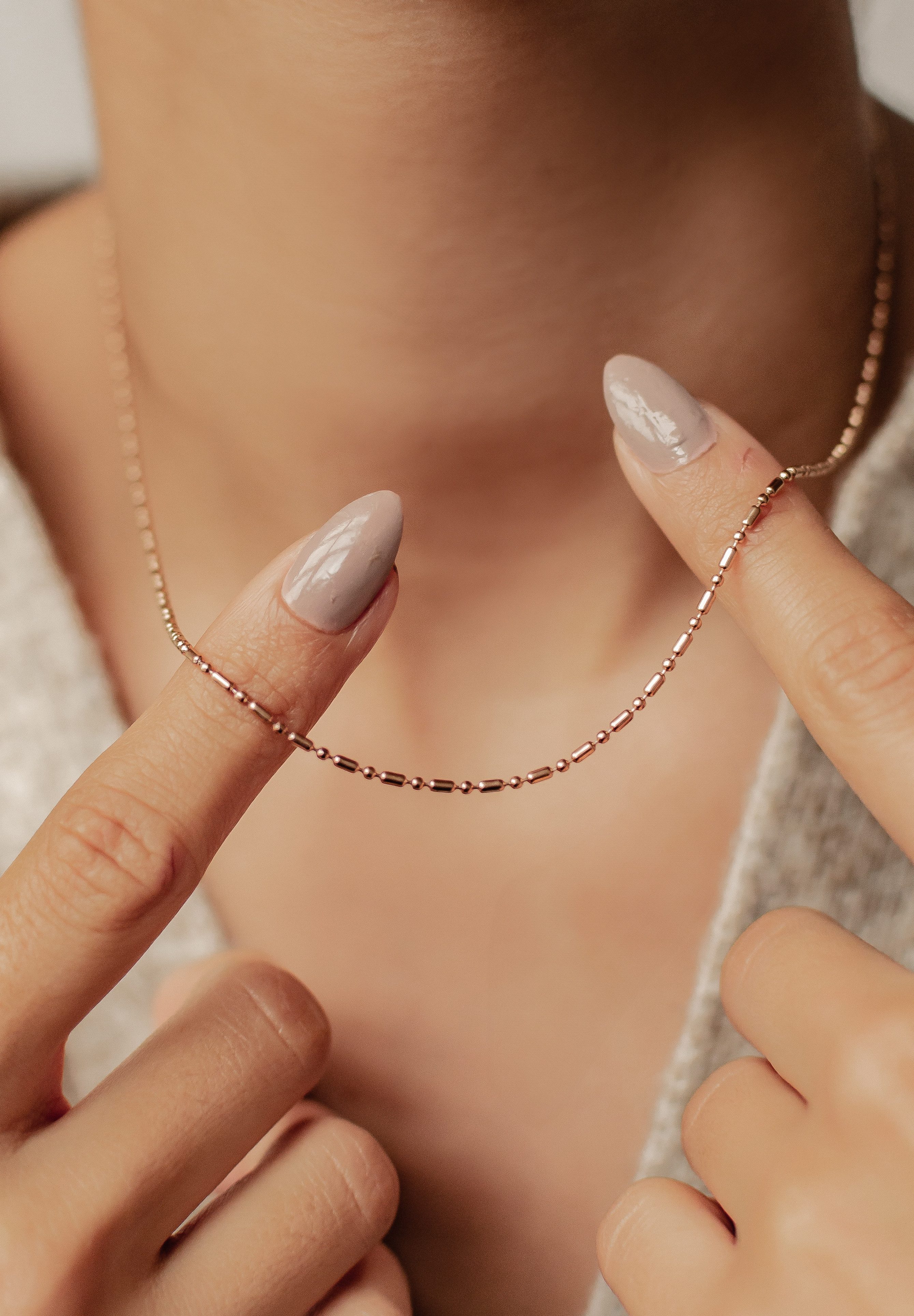 Hey Happiness Kette ohne Anhänger Damen Kugel Stab, Viereck Perlenkette 18K Roségold Vergoldet, Basic Edelstahl Erbskette Layer Look, wasserfest