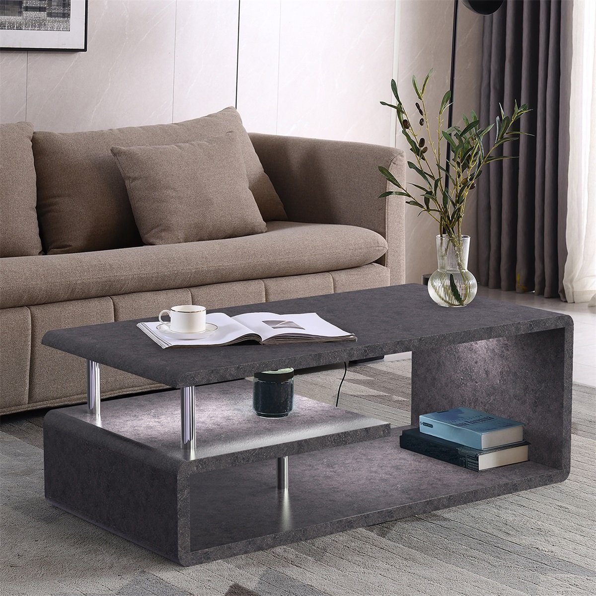 Rutaqian Couchtisch Couchtisch in Beton Optik,mit Ablage, niedriger Tisch,für Wohnzimmer (ein Tisch), W: 55cm