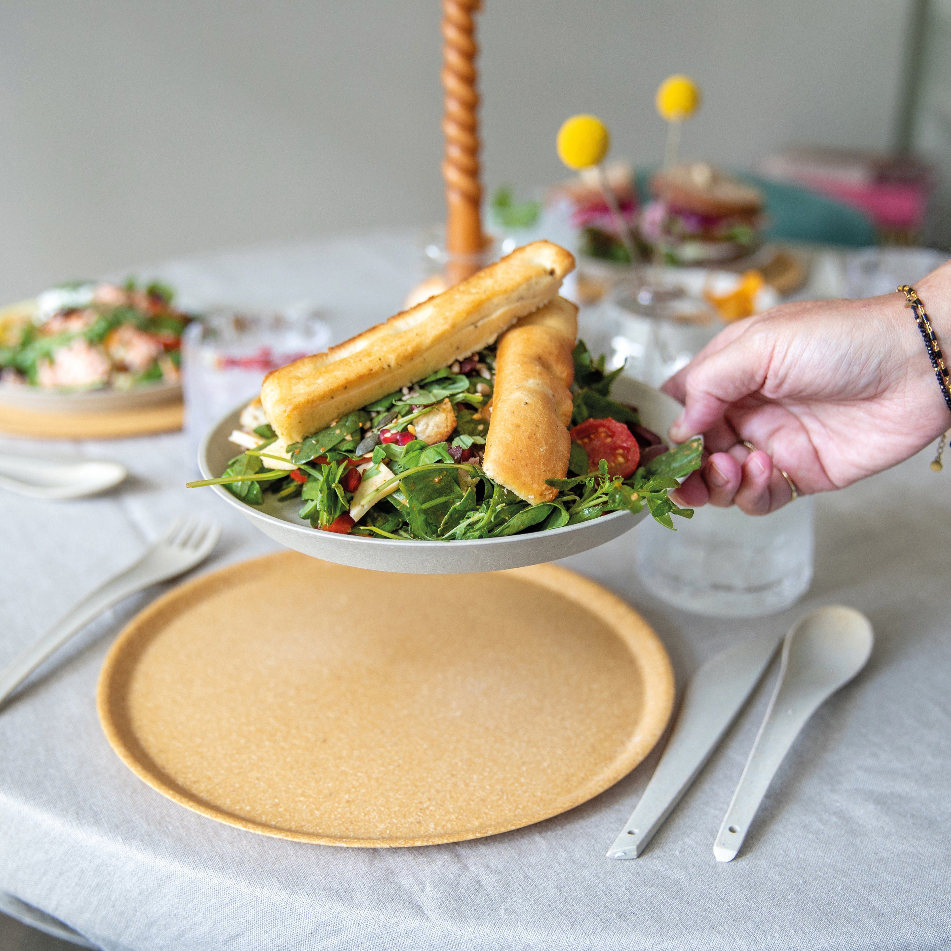 KOZIOL Speiseteller PLATE, CONNECT (4 holzfarben biozirkuläremKunststoff+FSCHolz,spülmaschinengeeignet,melaminfrei,20cm St)