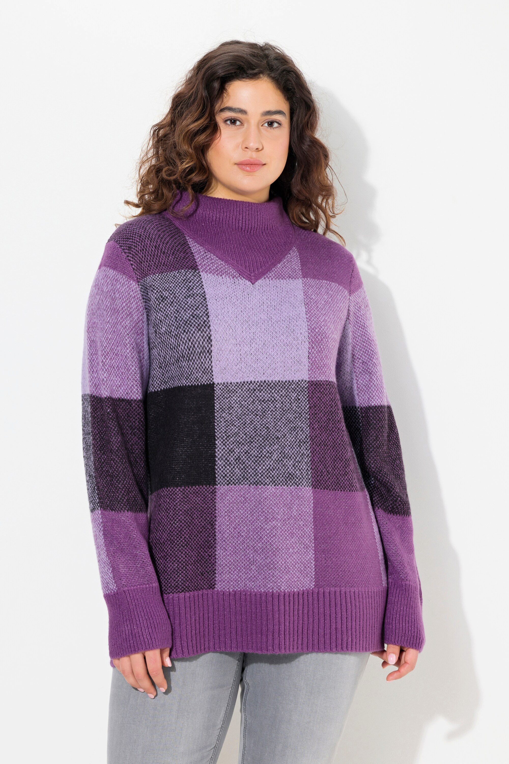 Ulla Popken Strickpullover Pullover Karomuster Stehkragen günstig online kaufen