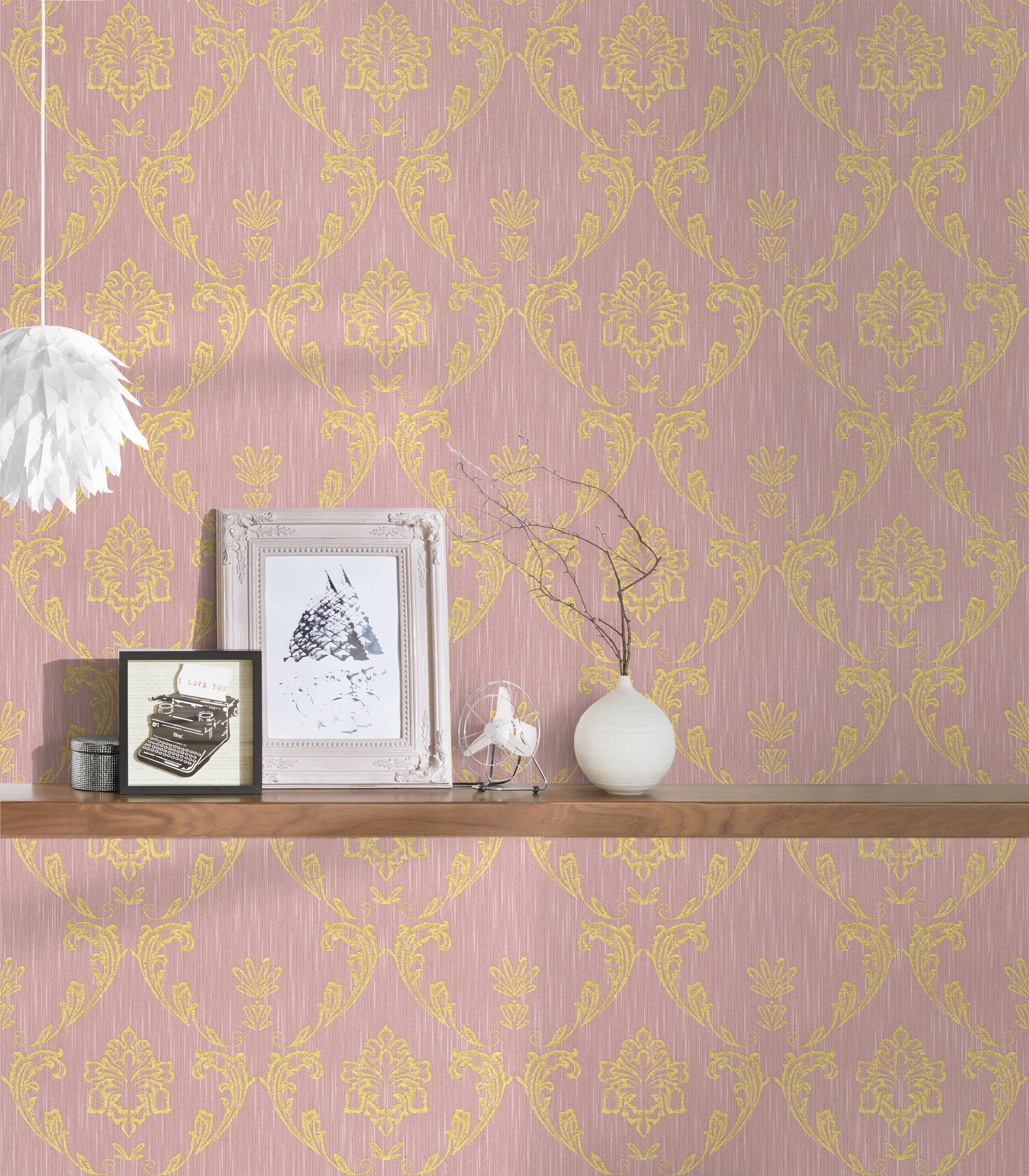 Architects Paper Textiltapete Metallic Silk, glänzend, Ornament Barock, samtig, Barock gold/rosa matt, Tapete