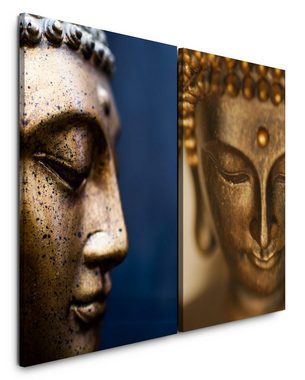 Sinus Art Leinwandbild 2 Bilder je 60x90cm Buddha Buddhakopf Bronze Statue Buddhismus Meditation Achtsamkeit Yoga