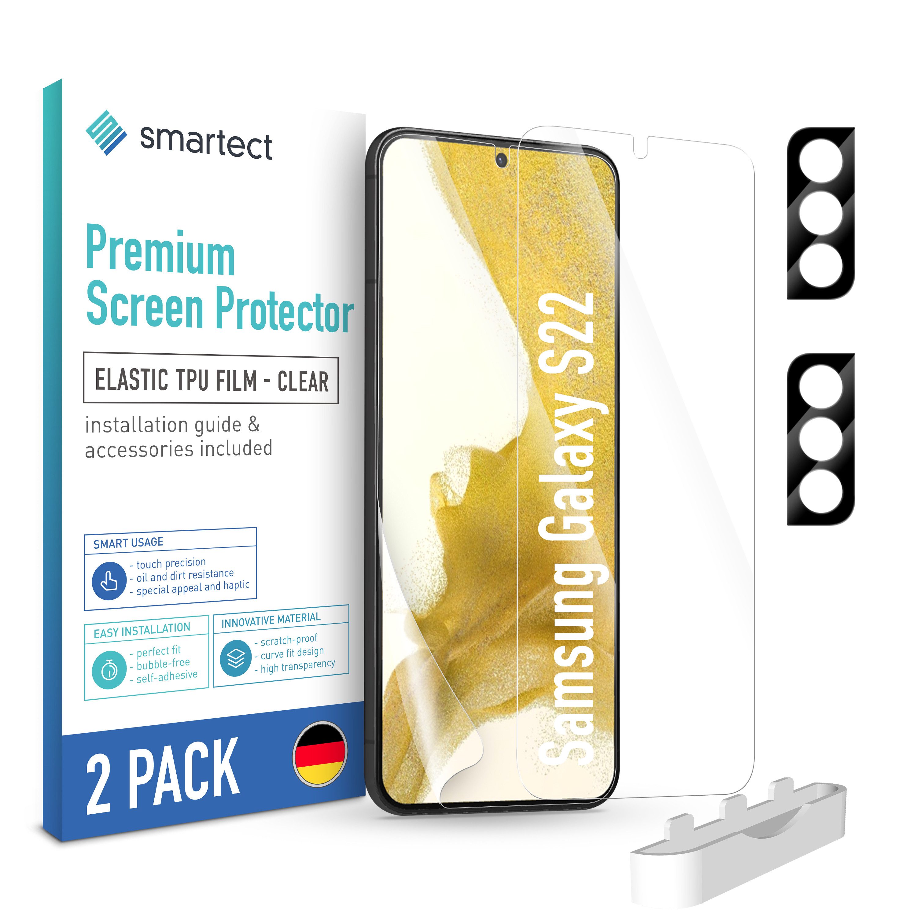 smartect Displayschutzfolie TPU Schutzfolie 2 + 2 Stück für Samsung Galaxy S22 (Display + Kamera) für Samsung Galaxy S22, Set, 2 Stück, Ultra-klar, Kratzfest, Blasenfrei, Oleophob, Fingerabdruck kompatibel