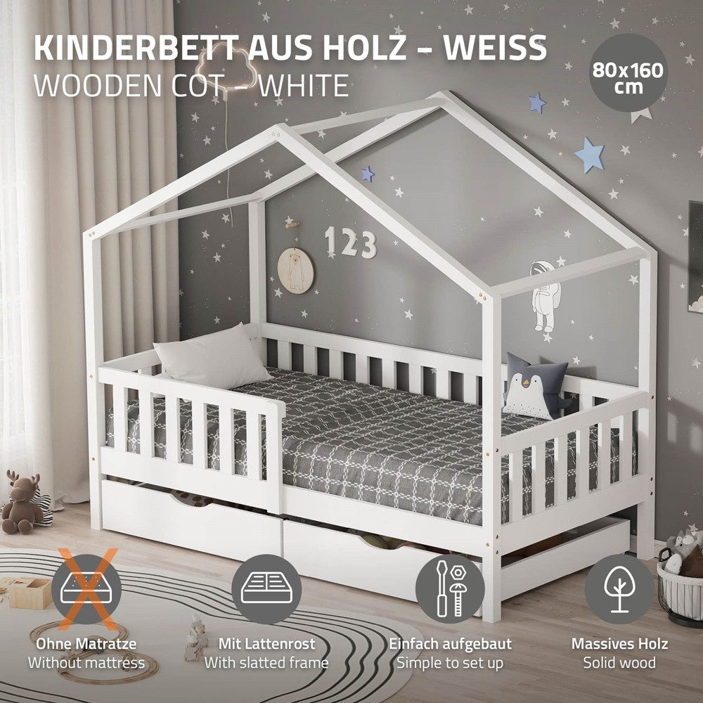 ML-DESIGN Spielbett Hausbett Kinderbett inkl. 2 Schubladen, Lattenrost und Rausfallschutz, Abenteuerbett 80x160cm Haus Bett Himmelbett Kiefer Jugendbett Weiß – Bild 2 von 5