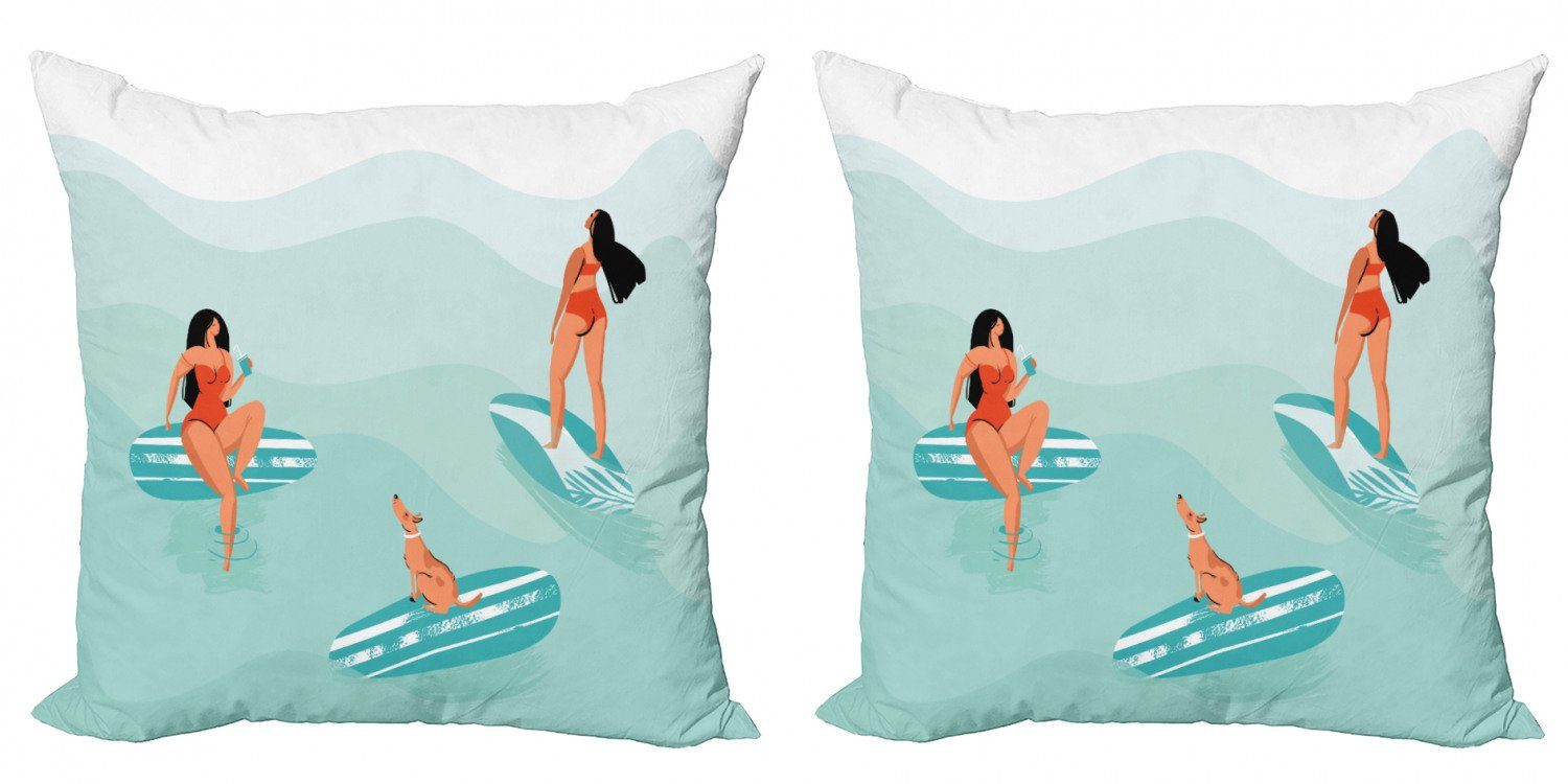 Modern Mädchen Accent Stück), Surfen Sommer Hund (2 Kissenbezüge Abakuhaus Digitaldruck, mit einem Doppelseitiger