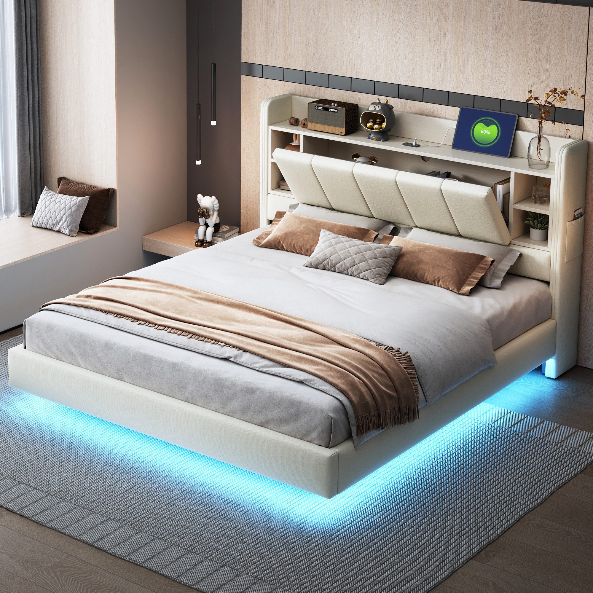 Flieks Polsterbett, LED Schwebebett Doppelbett 160x200cm günstig online kaufen