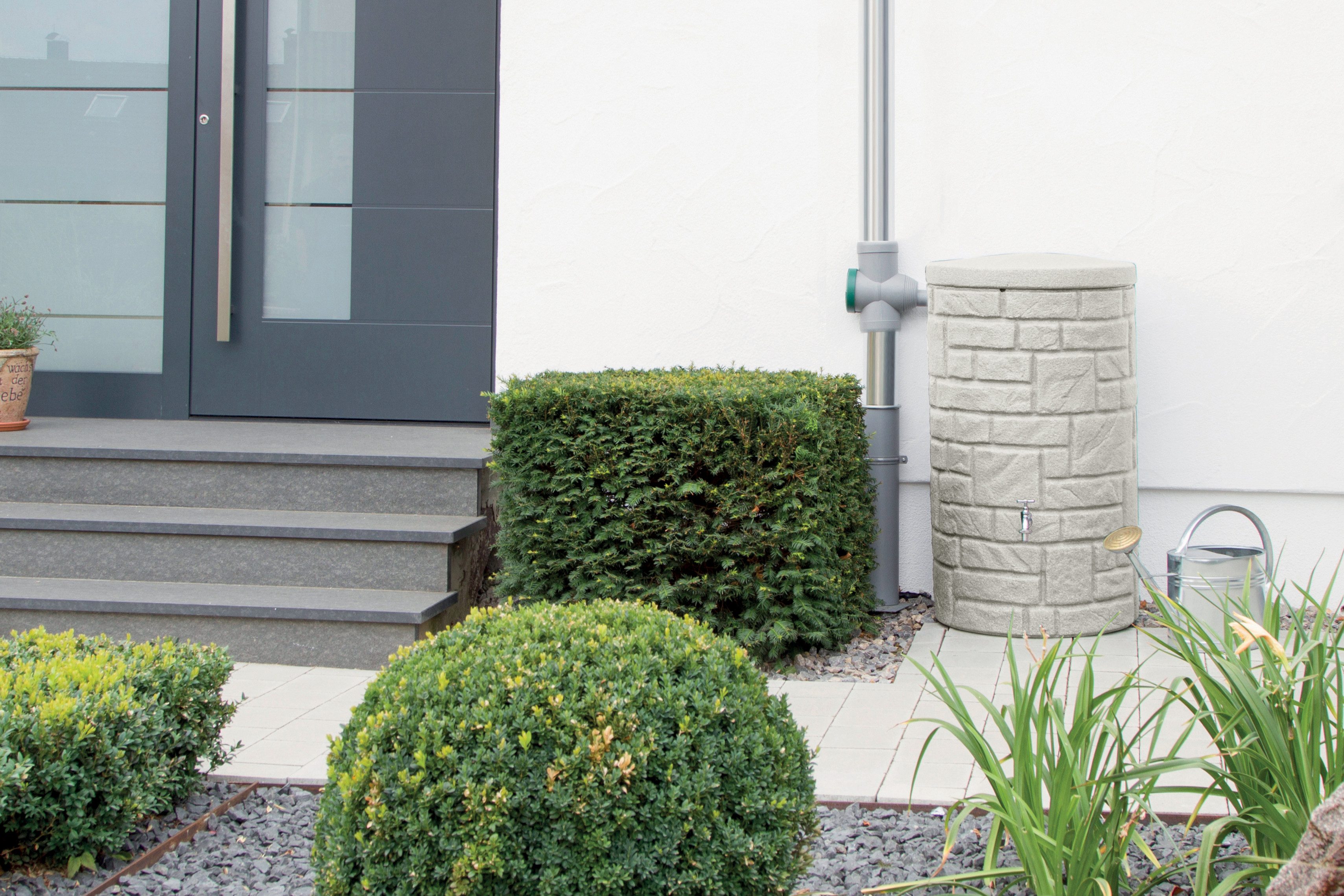 YourCasa Regentonne Regentonne [StoneRain] mit Metallgewinde und Deckel in Steinoptik, 230 l, Steinoptik, 230L, 60x105cm,Metallgewinde, Kindersicherer Deckel