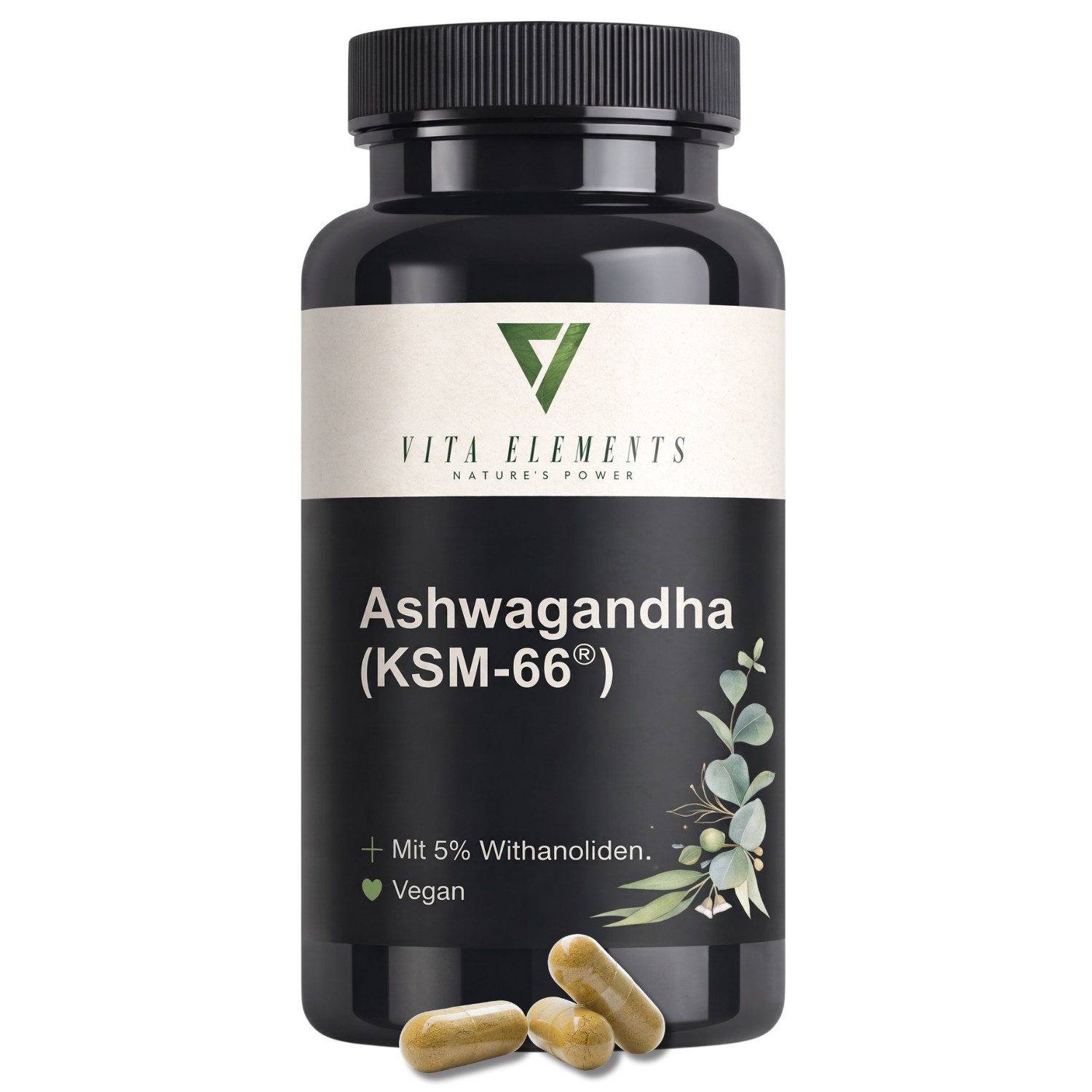 Vita Elements Ashwagandha KSM-66 - 600mg mit 5% Withanoliden, 180 Kapseln, 1 er Packung à 180 St., Vegan, Gentechnikfrei, Markenrohstoff KSM-66®, Laborgeprüft