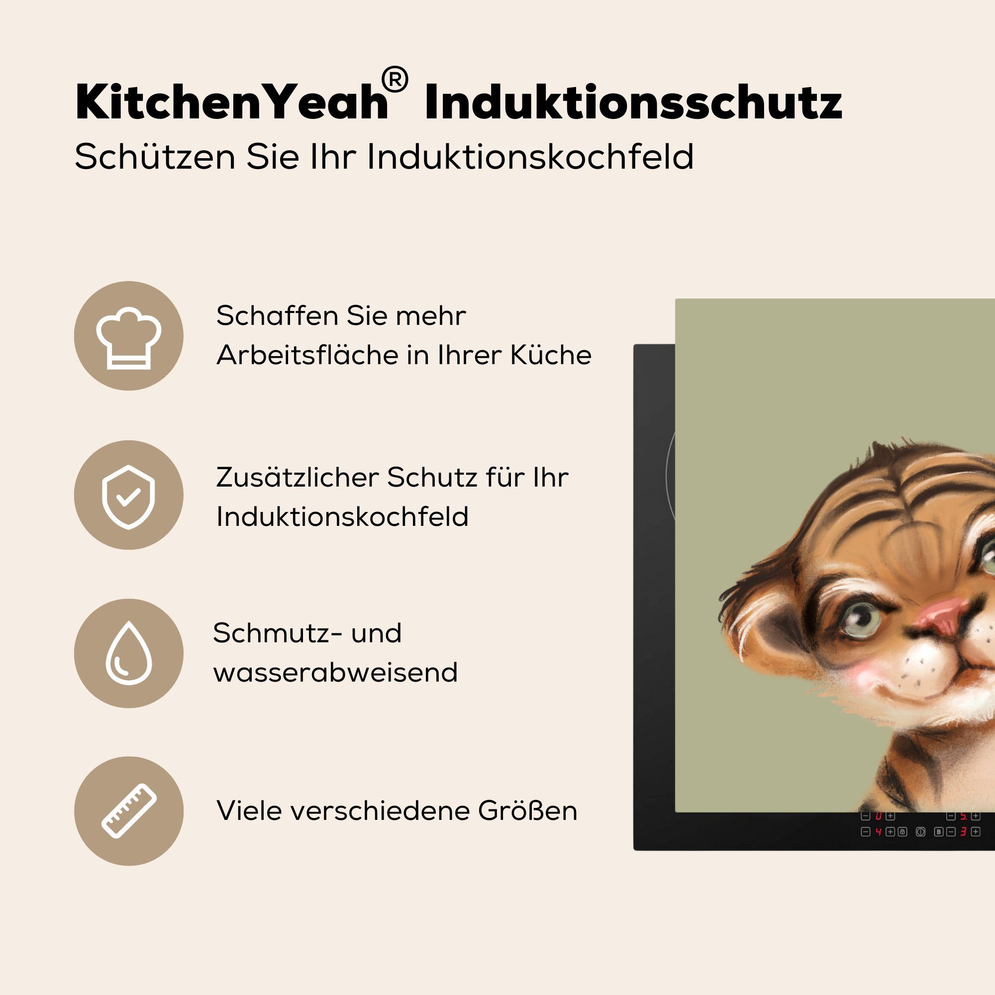 (1 Tiger tlg), küche Grün - 78x78 - für MuchoWow cm, Ceranfeldabdeckung, Arbeitsplatte Dschungel, Herdblende-/Abdeckplatte Vinyl,