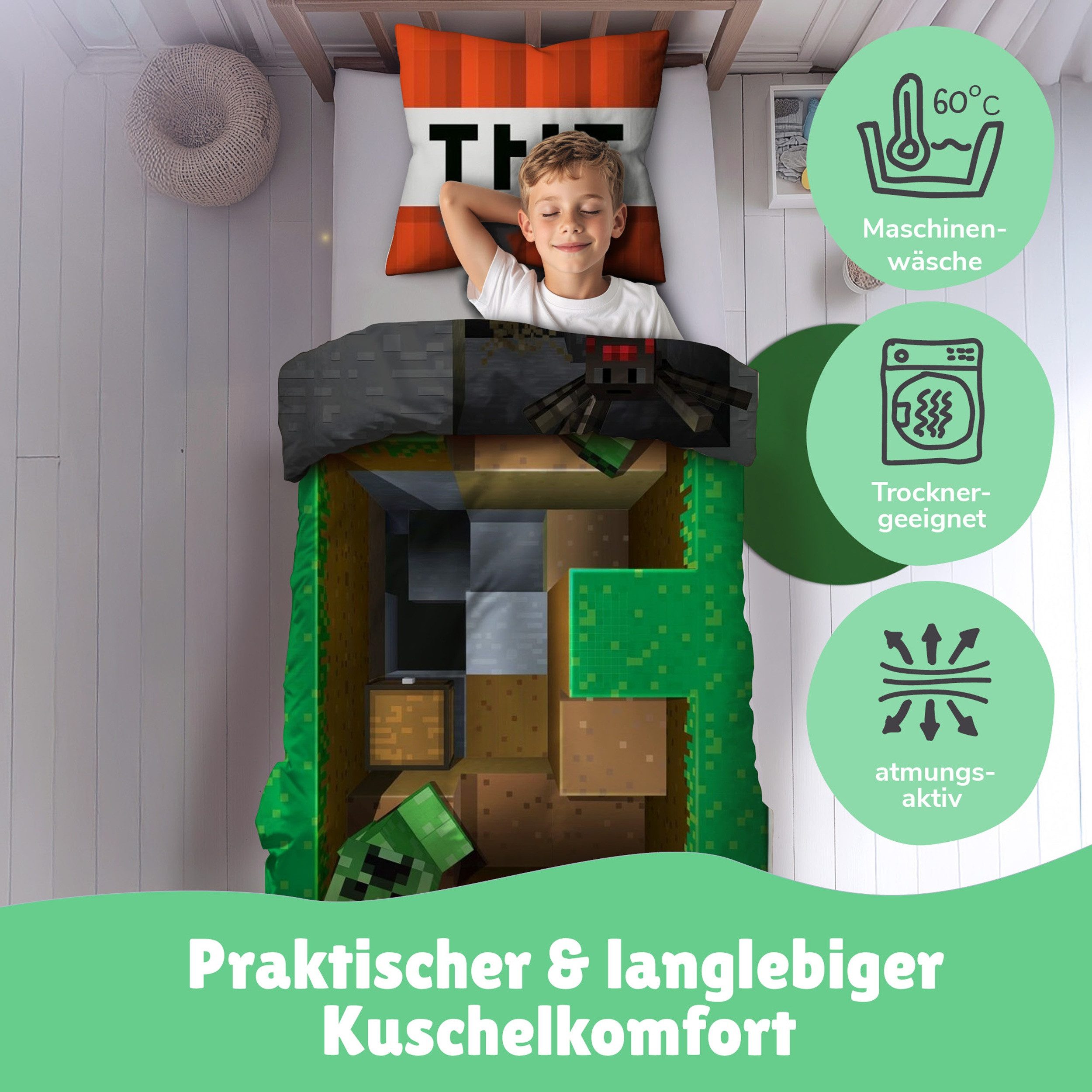 Familando Kinderbettwäsche Minecraft "Base" 135x200 + 80x80cm Gamingbettwäsche aus 100% Baumwolle, Renforcé, 2 teilig, mit 3D Motiv und Creeper Figuren