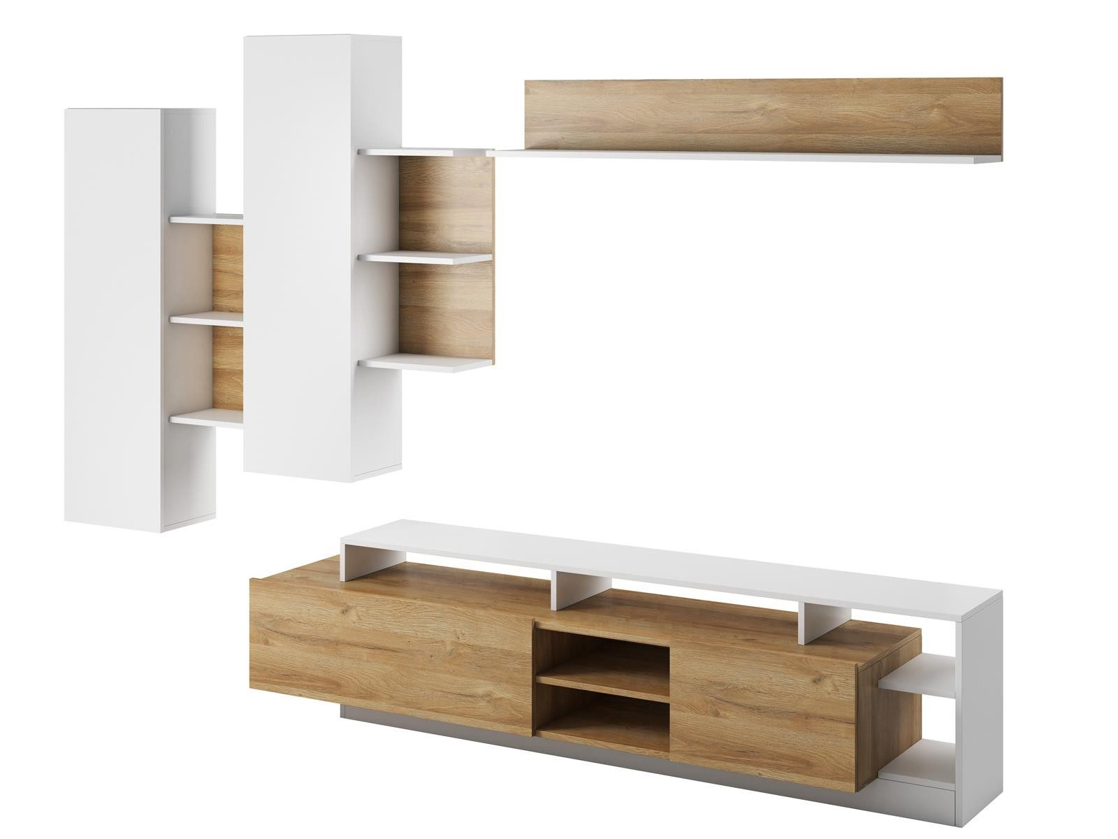 Compleo Wohnwand (TV-Lowboard, 2x Schrank hängend, Hängendes Regal) MONIAS, Praktisch und Zeitlos