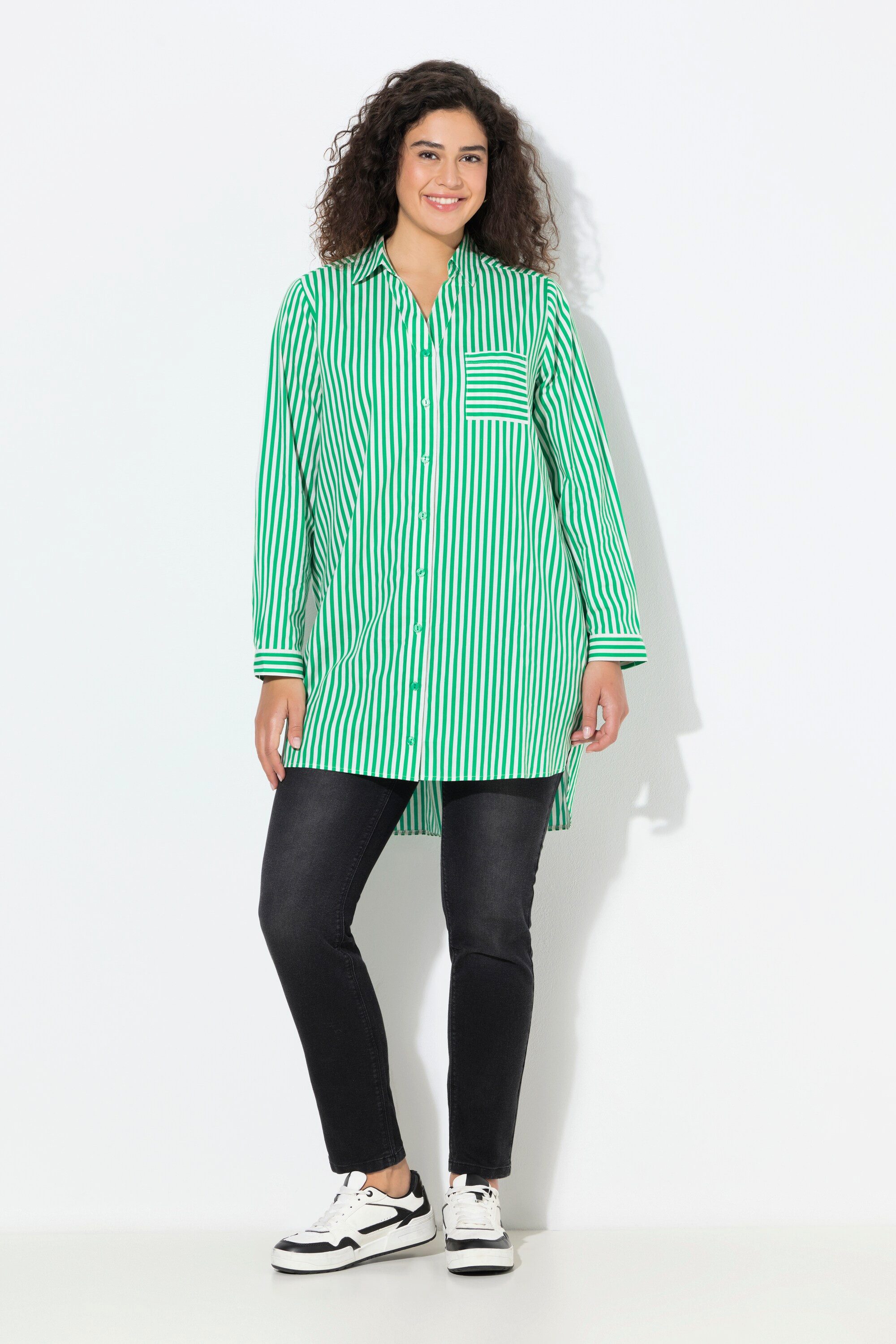 Ulla Popken Hemdbluse Hemdbluse Streifen Hemdkragen A-Linie Langarm günstig online kaufen