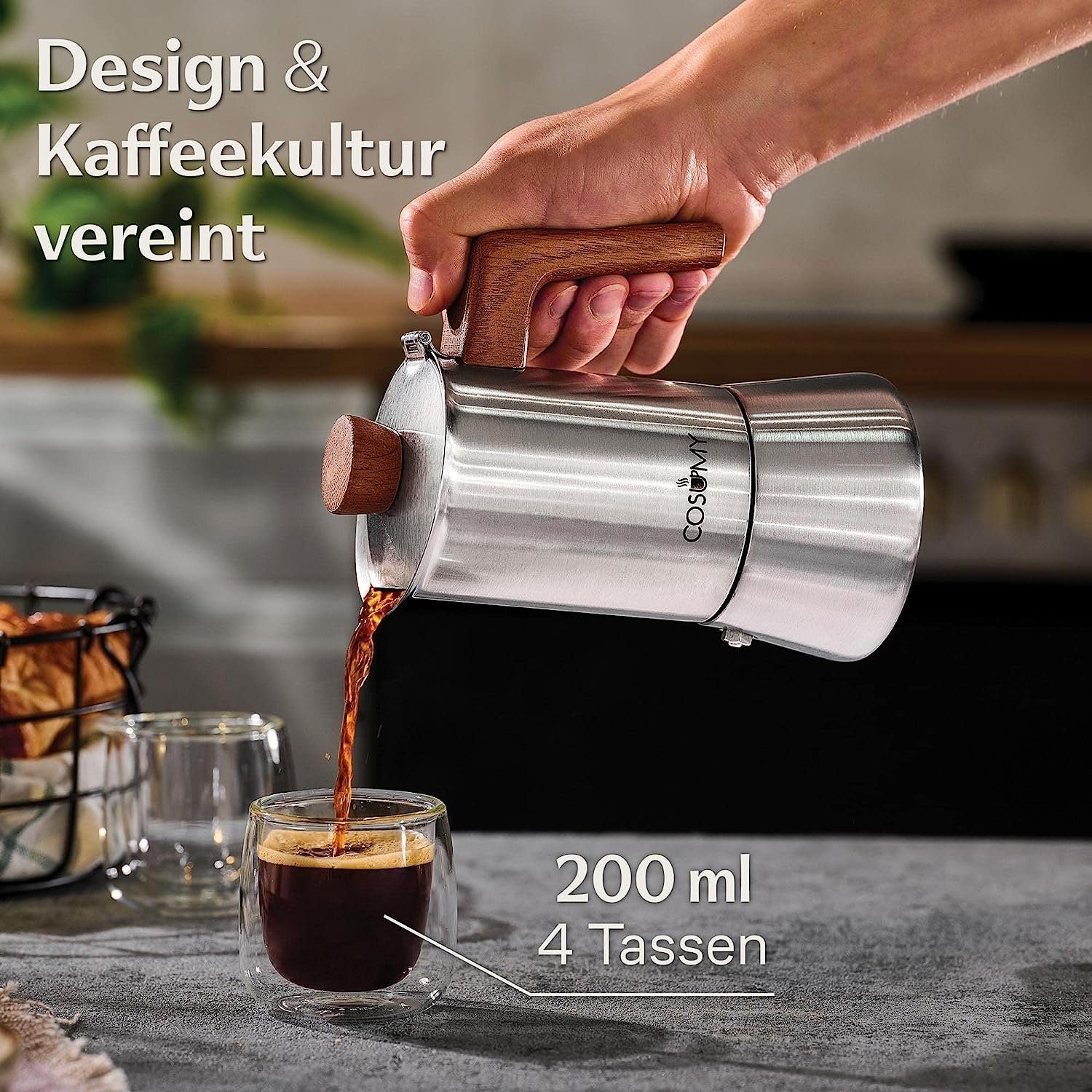 Cosumy Espressokocher, Induktionsgeeignet, FSC-zertifiziertes Eichenholz