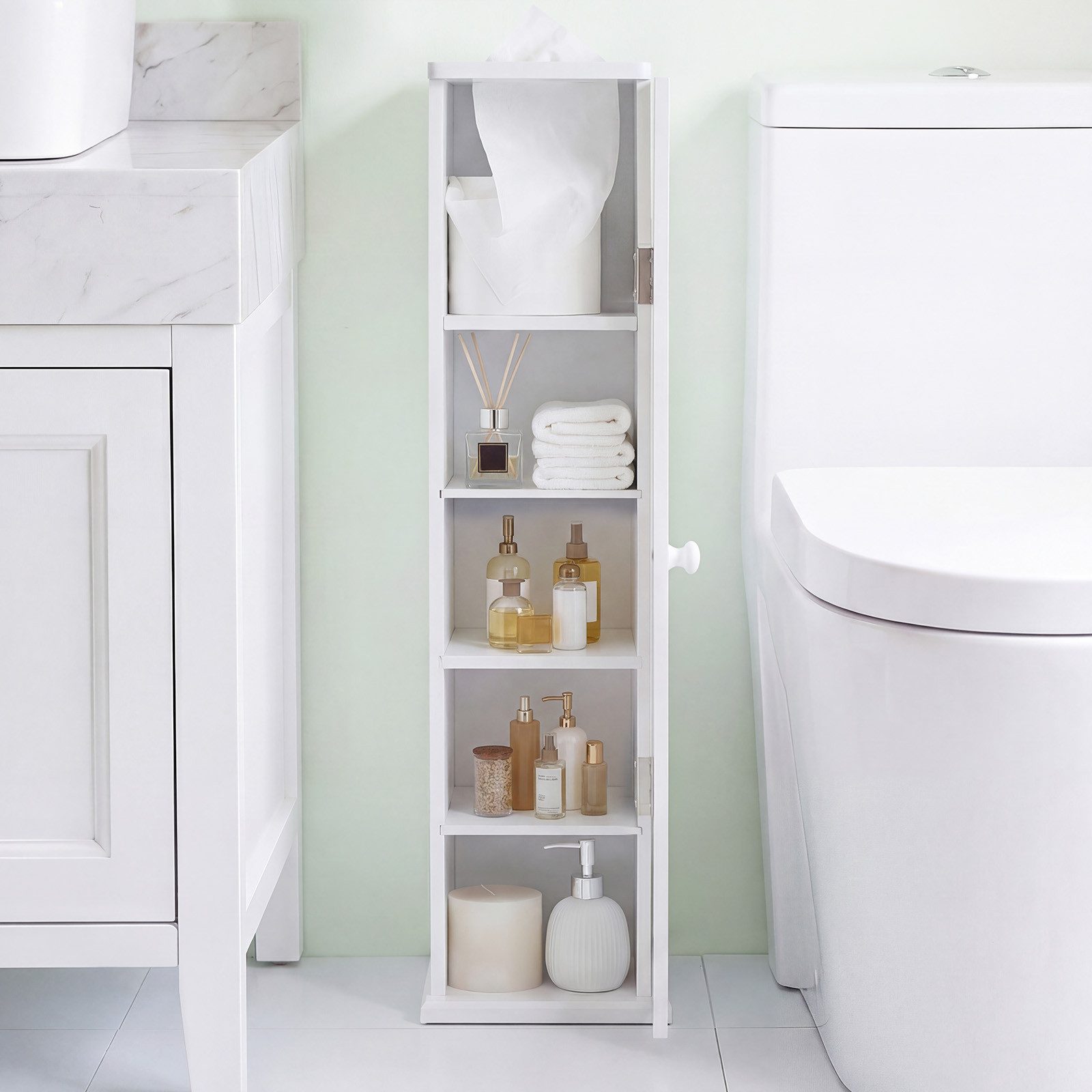 COSTWAY Toilettenpapierhalter, stehend, mit Tür & Fächern, 15x16x69cm