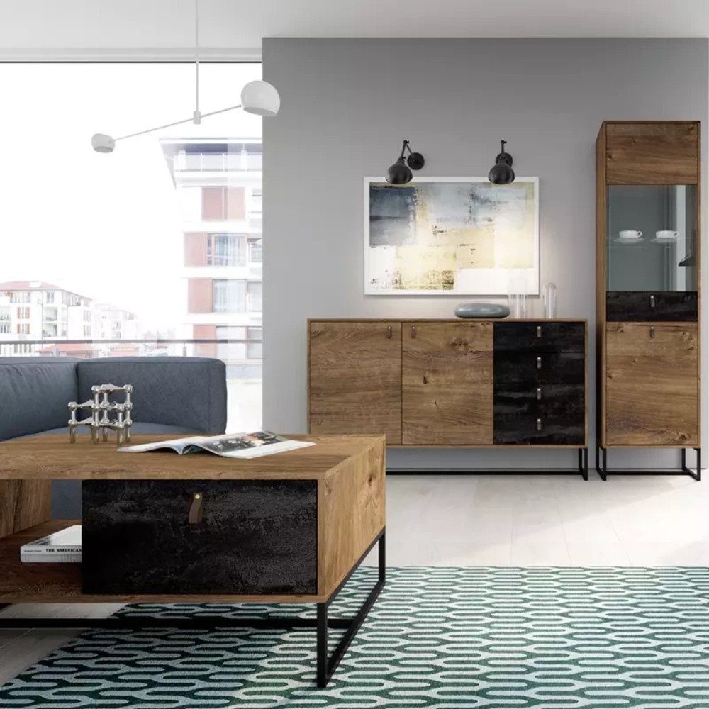 MOEBLO Highboard BENO BWT93 (Schrank für Wohnzimmer mit Türen Vitrinenschrank Glasvitrine, Gehärtetes Glas Griffe aus Leder und Füße aus Metall Vitrine Sideboard), (BxHxT): 93x133x39cm