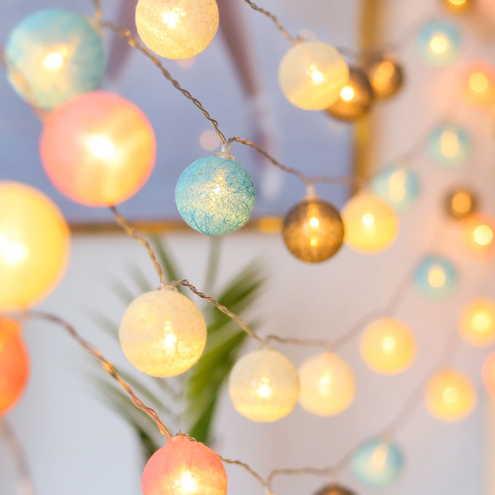 Rosnek LED-Lichterkette Multicolor Baumwollkugeln, batterie, für Weihnachtsbäume Schlafzimmer, 10/20 LEDs, Party Hochzeit Festival Deko Multicolor (Blaue Serie)