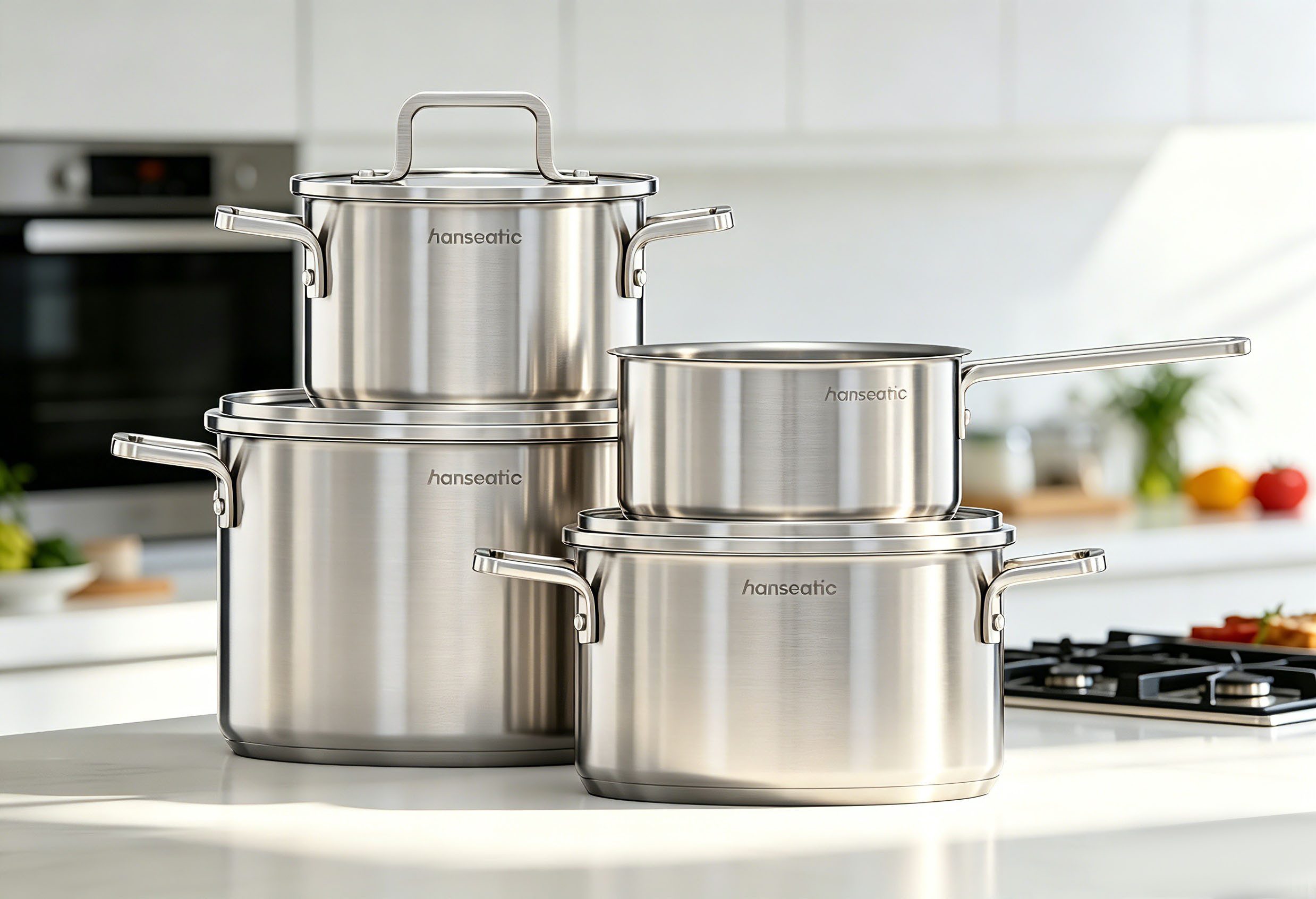 Hanseatic Topf-Set DAILY, mit Antihaftbeschichtung, Edelstahl 18/10 (Set, 7-tlg., Stielkasserolle 16 cm, Kochtopf 16/20/24 cm), für alle Herdarten, Induktion