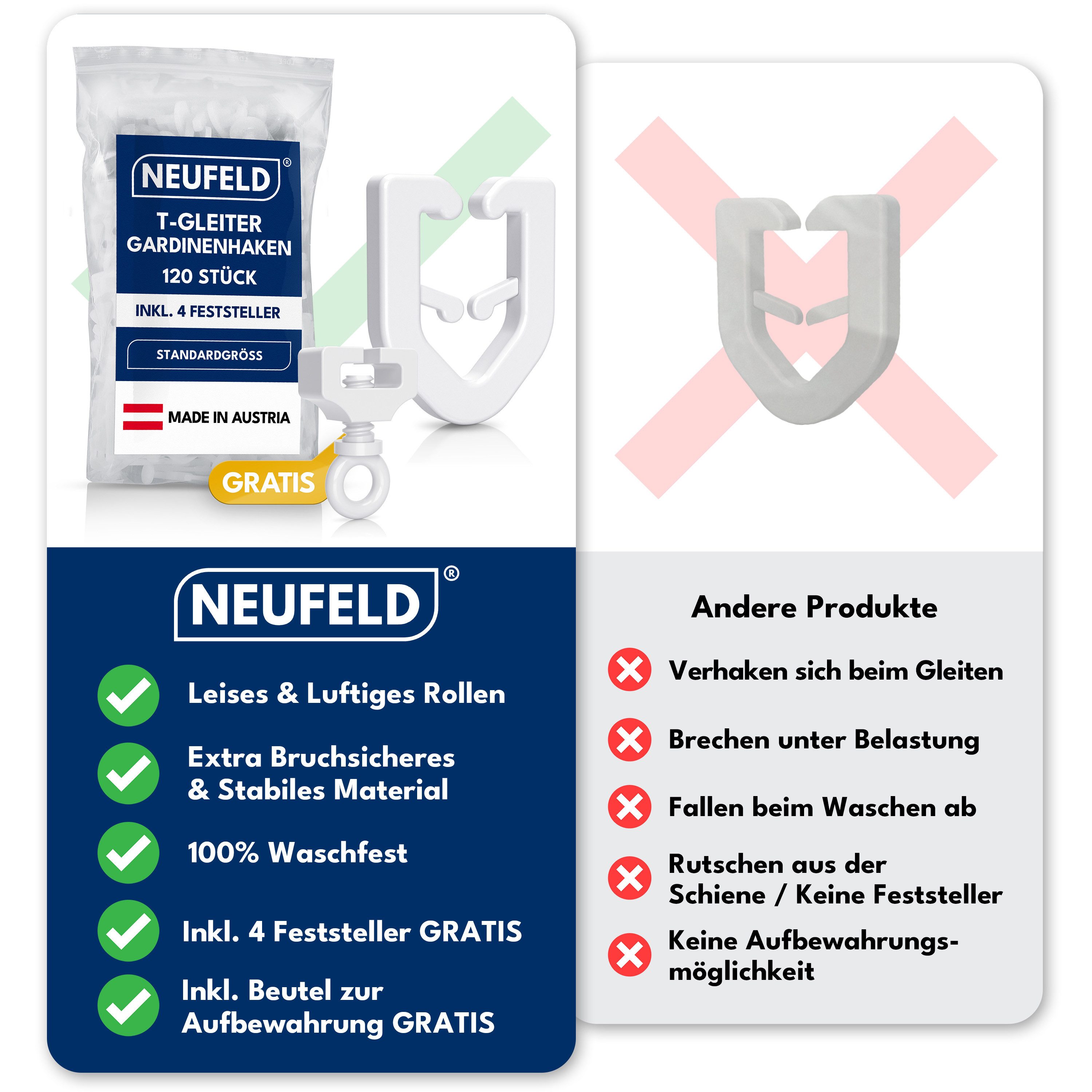 NEUFELD T-Gleiter 120 Stück inkl. 4 Feststeller – Gardinengleiter für T-Schienen, T-Gardinenschienen, Camper, Wohnwagen, Wohnmobile, (Set, 120 T-Gleiter inkl. 4 Feststeller), waschfest · leichtgängig · geräuscharm · robust
