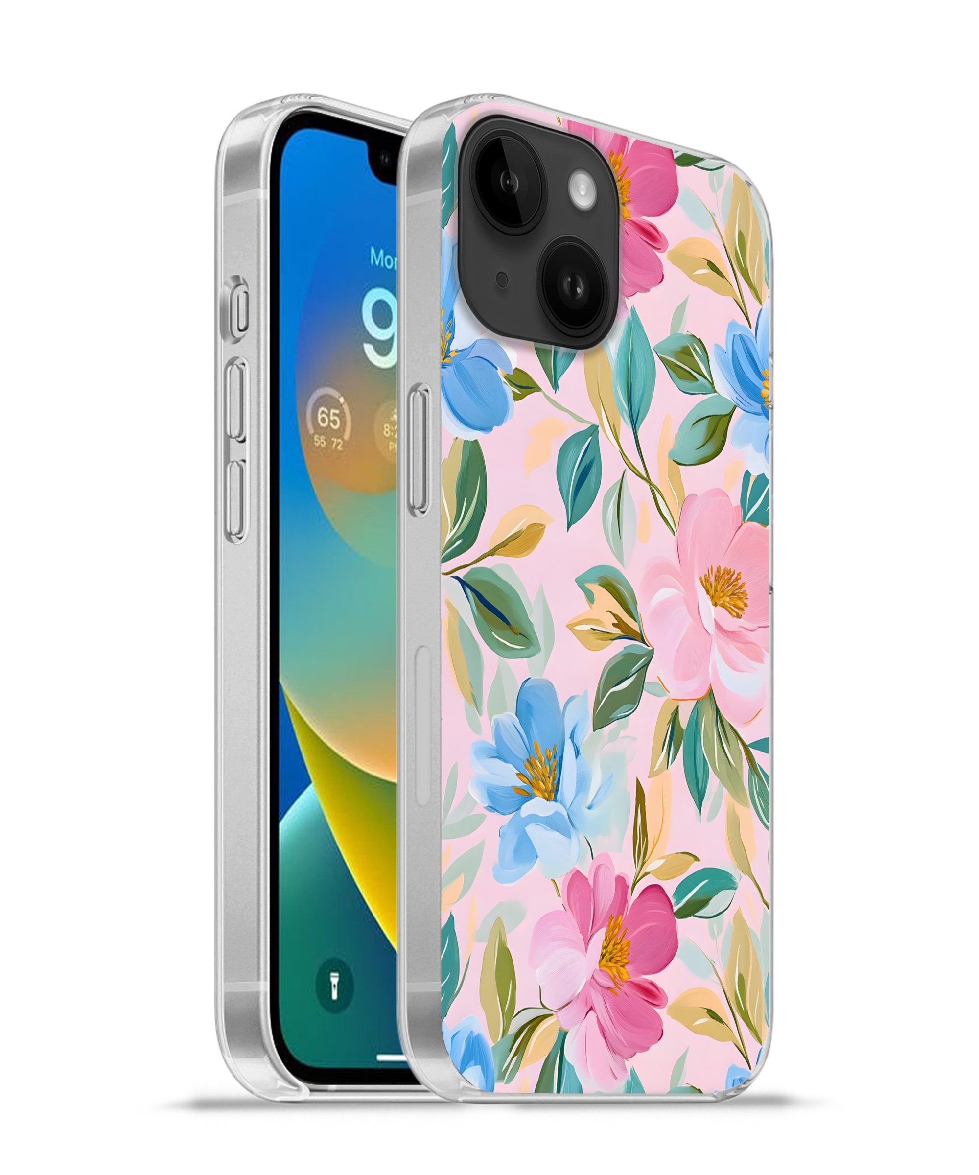 MuchoWow Handyhülle für Apple iPhone 14 Blau - Rosa - Blumen, Smartphone-Bumper, Print, Handy Schutzhülle Dünn
