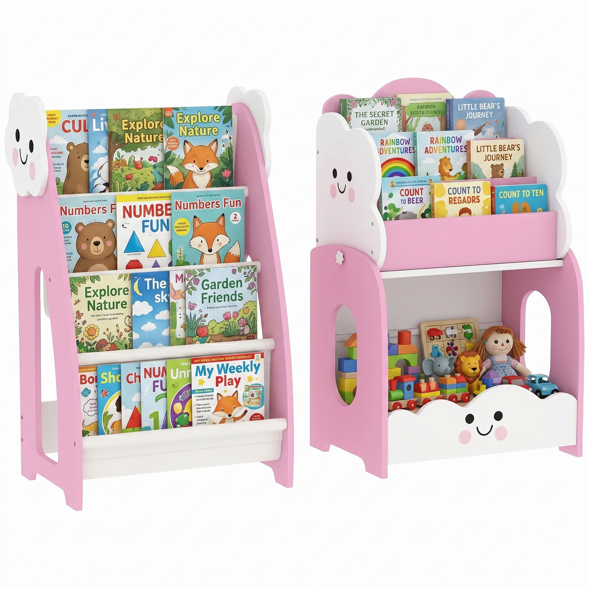 MODFU Kinderregal 3-in-1 Kinderregal Rosa mit Spielzeugaufbewahrung, Kinder Nachttisch, Aufbewahrungsregal, Kinderzimmer Möbel 3-tlg., modulares Bücherregal mit 4 Taschen & 3 Ebenen