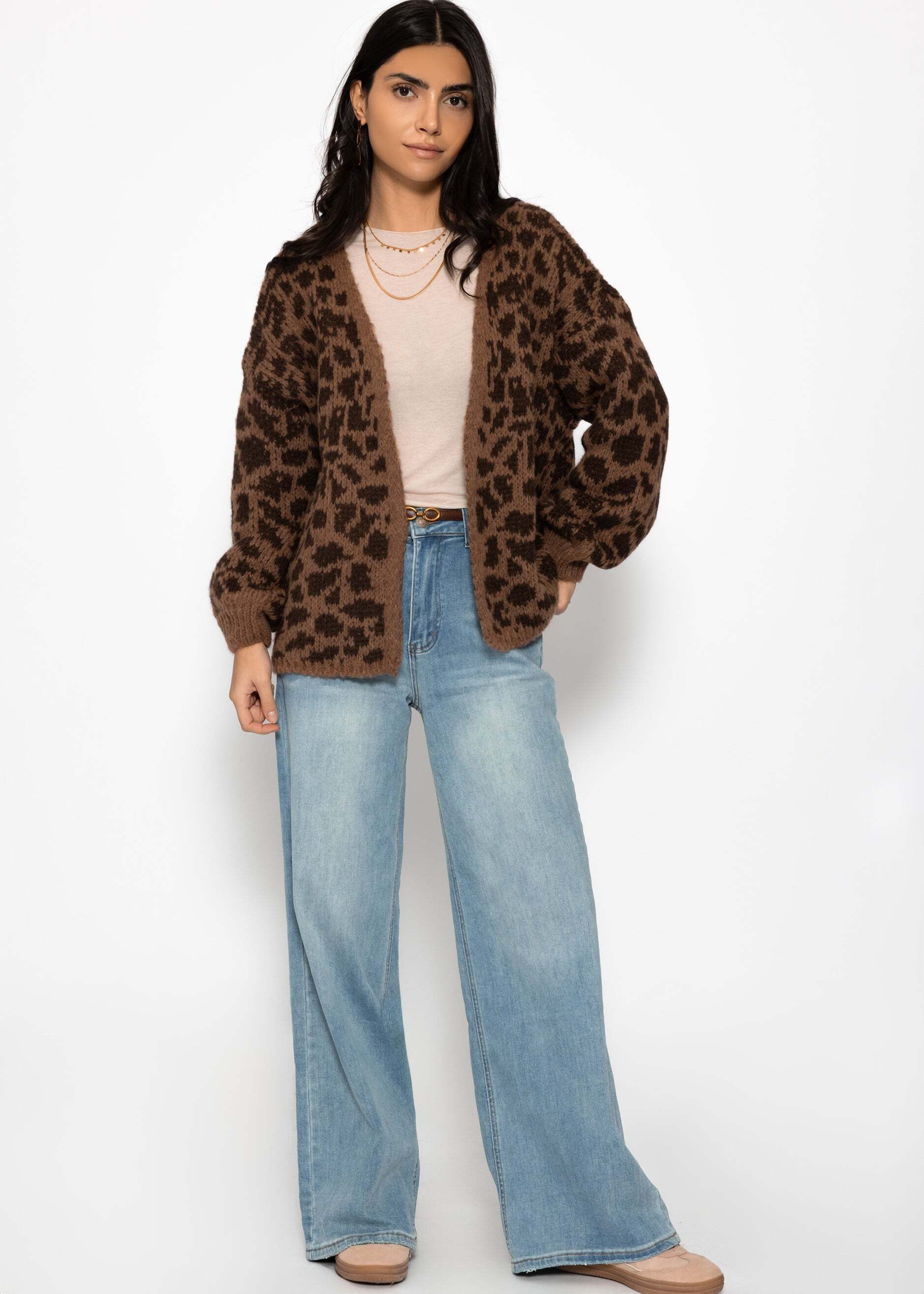 SASSYCLASSY Cardigan Cardigan Damen aus Grobstrick mit Lepardenmuster Oversized offen fallende Leo-Strickjacke Pink Orange Gelb Burgundy